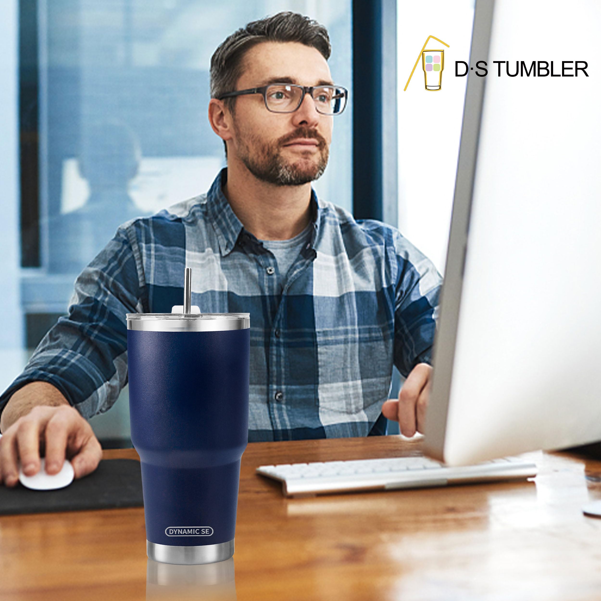 D·S 30 Oz Navy Tumbler Stainless Steel Double Wall Vacuum Insulated Mug With Straw And Lid