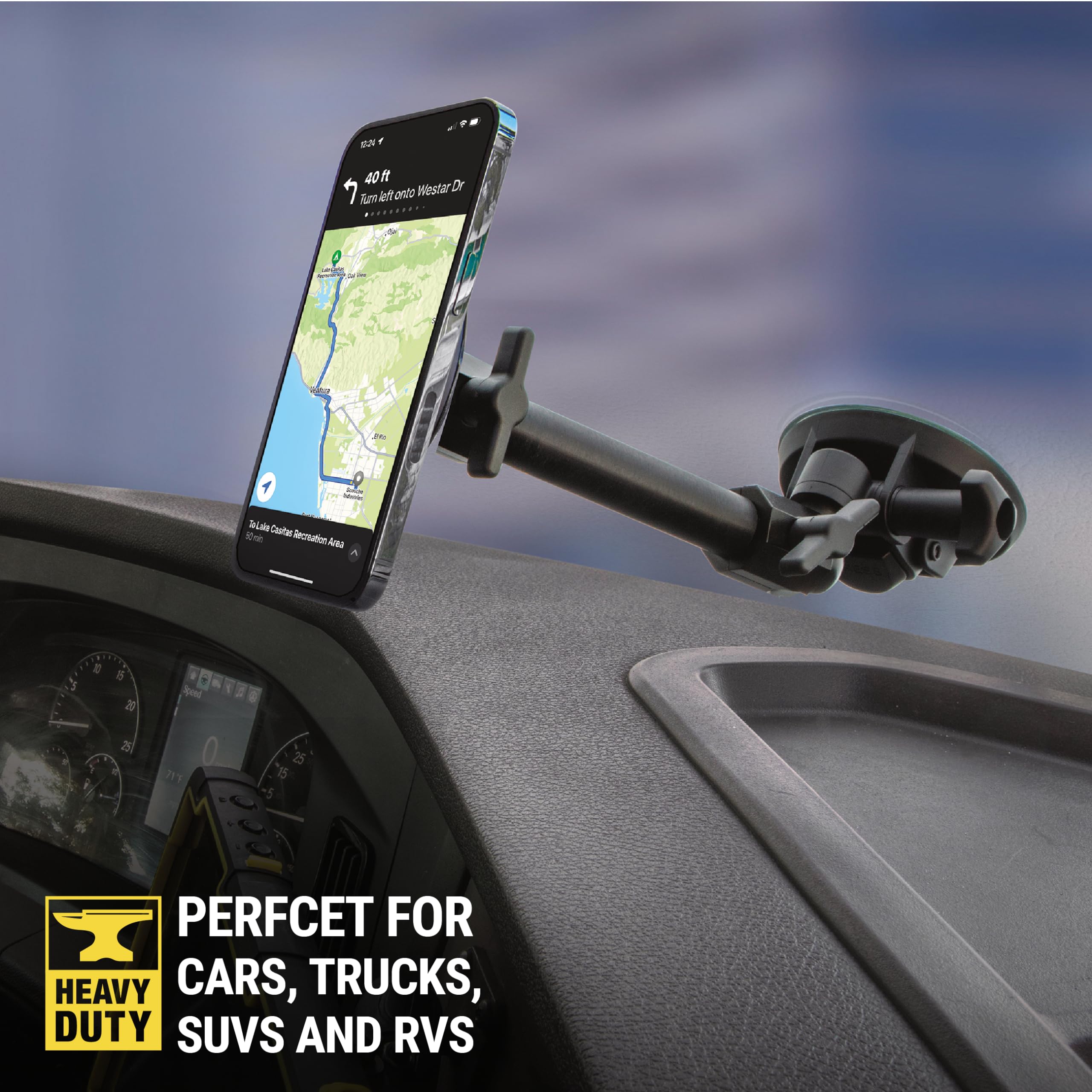 Scosche Mp2Wd2Hd Magicmount Pro2 Xl Heavy Duty, Strong Suction Cup Cell Phone Mount With Long Arm Windshield/Dashboard Phone Holder And Anti-Shake Stabilizer For Iphone, Android, Tablet, Car, Truck