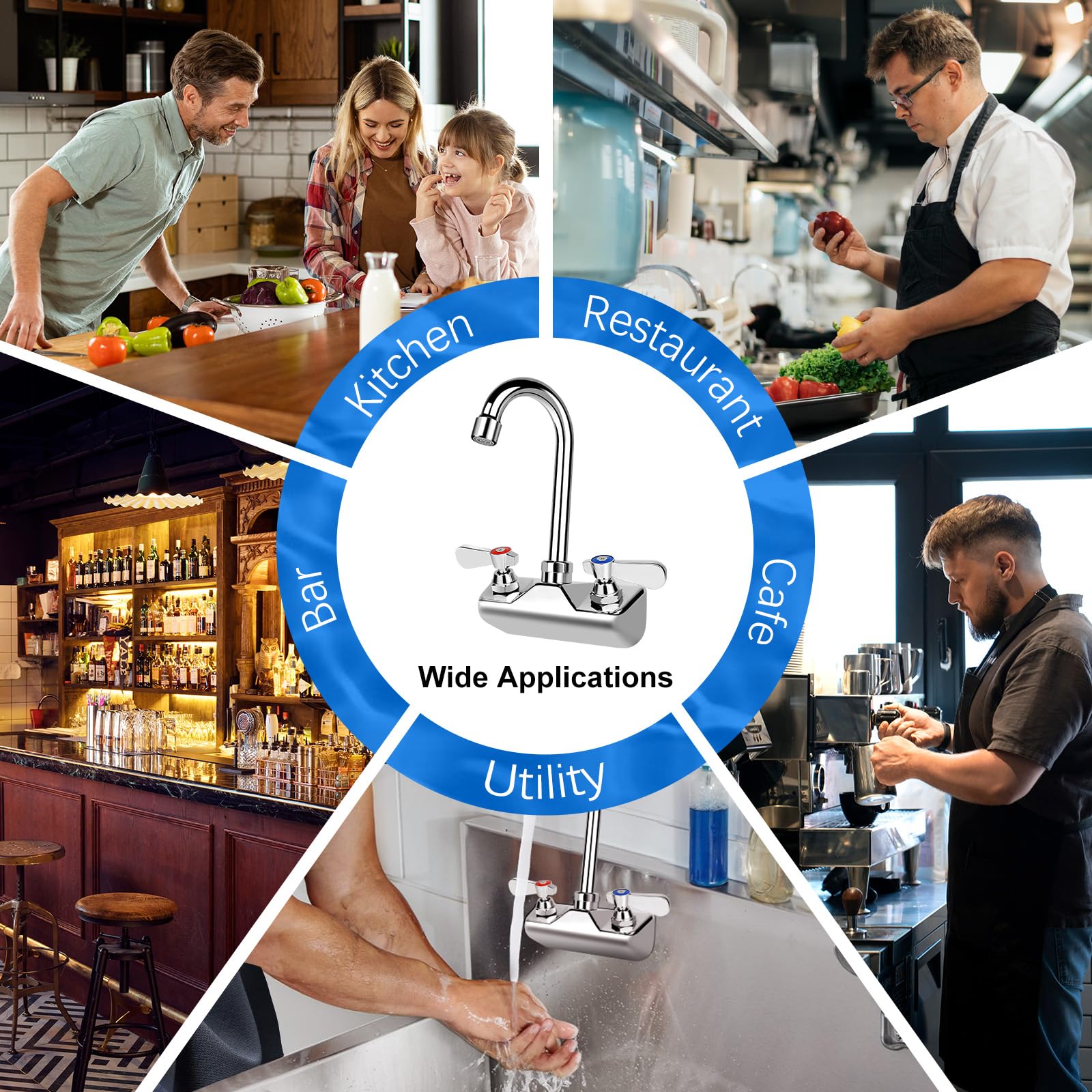 Zkdausdo 4 Inch Center Commercial Sink Faucet Wall Mount Kitchen Hand Sink Faucet, 1/2" Npt Male Inlet, Brass Constructed & Chrome Polished, With 3-1/2" Gooseneck Spout & Dual Lever Handles