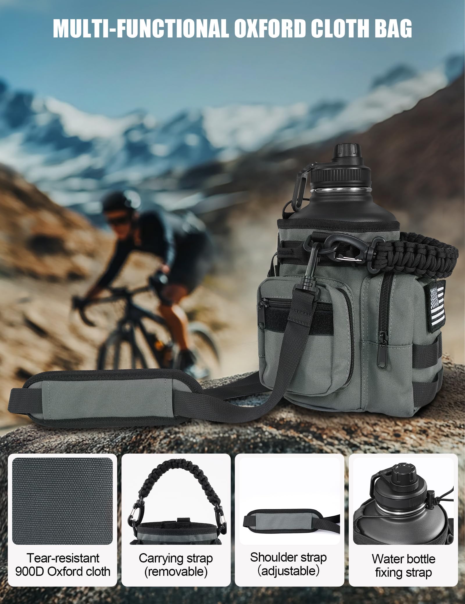 Tactical Half Gallon Water Bottle With Straw, 64 Oz Insulated Water Jug With Molle Sleeve