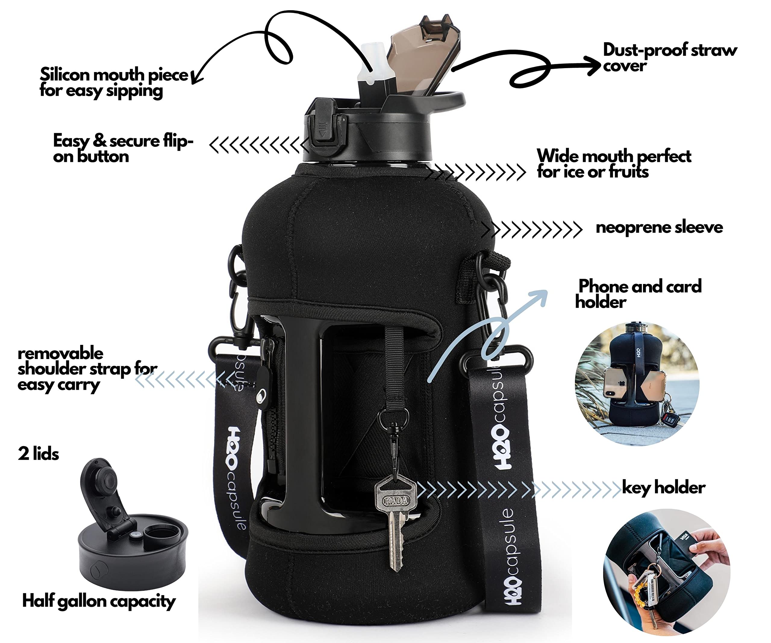 H2O Capsule 2.2L Half Gallon Water Bottle With Storage Sleeve And Covered Straw Lid