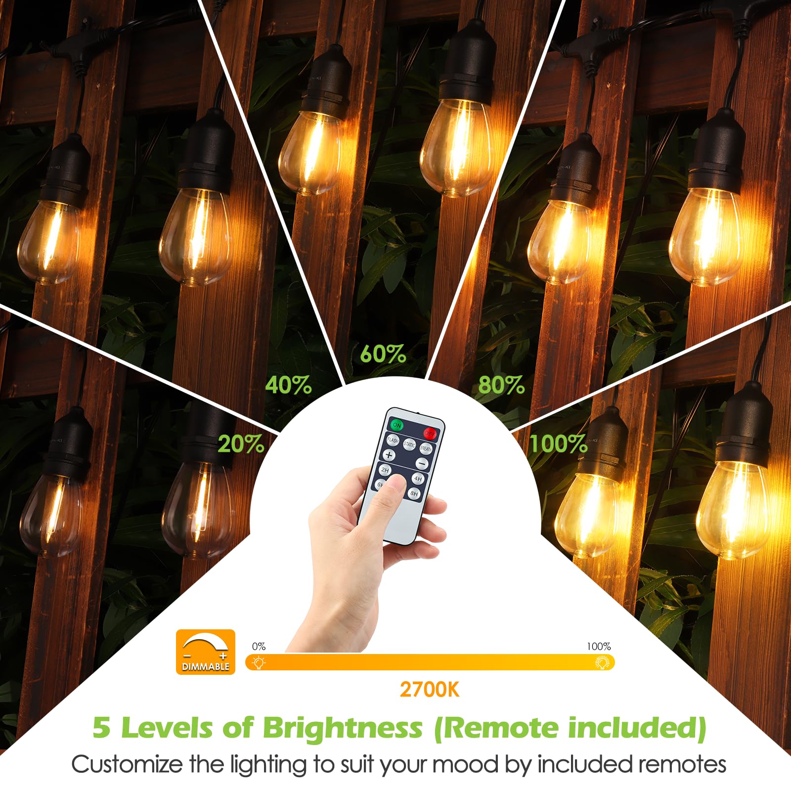 Larkvue 48Ft Outdoor String Lights With Remote, Dimmable Patio Lights With 15+2 Led Waterproof Shatterproof Bulbs 3 Modes 4 Timers For Backyard, Black