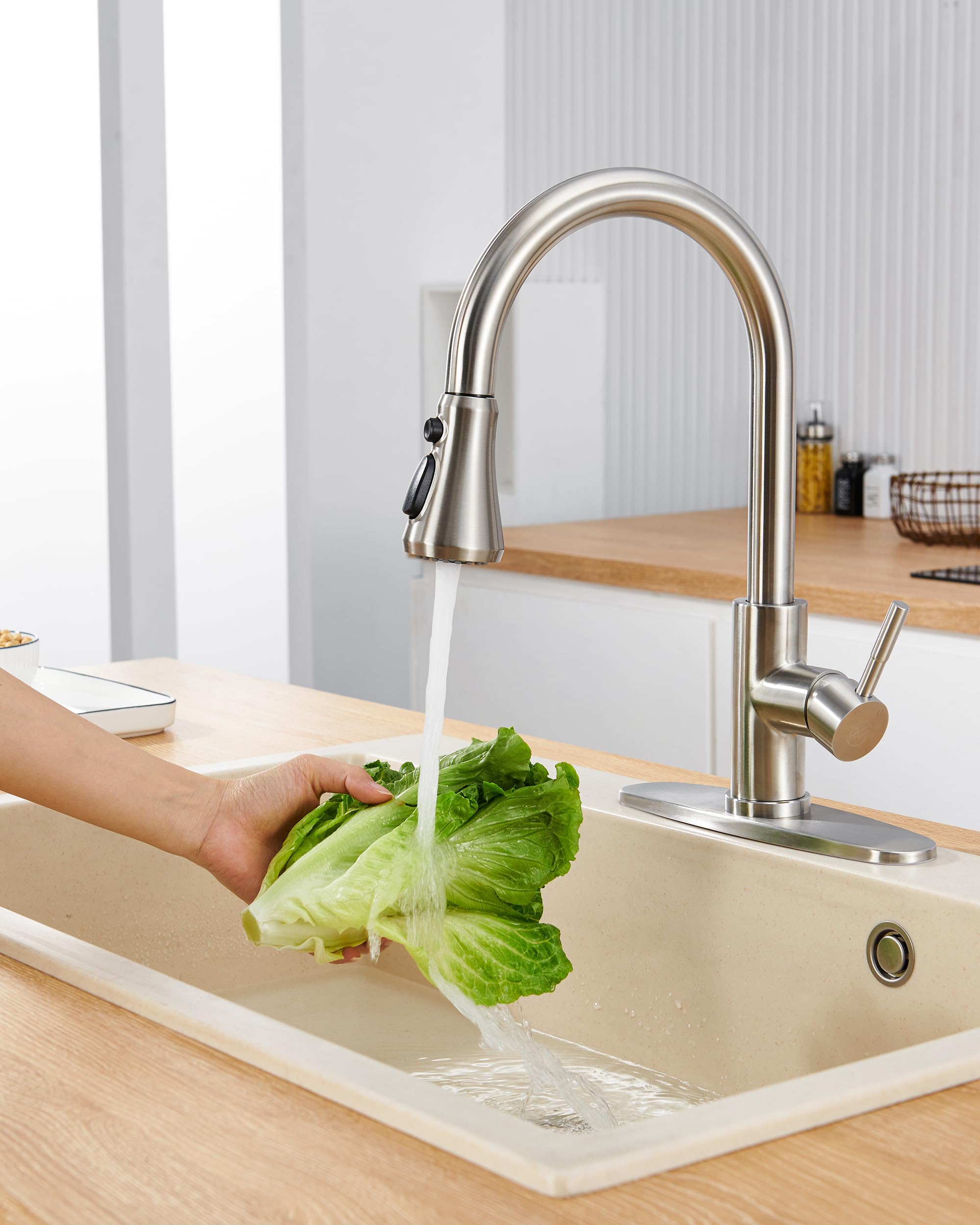 Heisok Kitchen Faucet Head Replacement, 3-Function Pull Down Faucet Spray Head With 15 Adapters - Replacement Pull-Out Sink Spout Sprayer Nozzle, Brushed Nickel