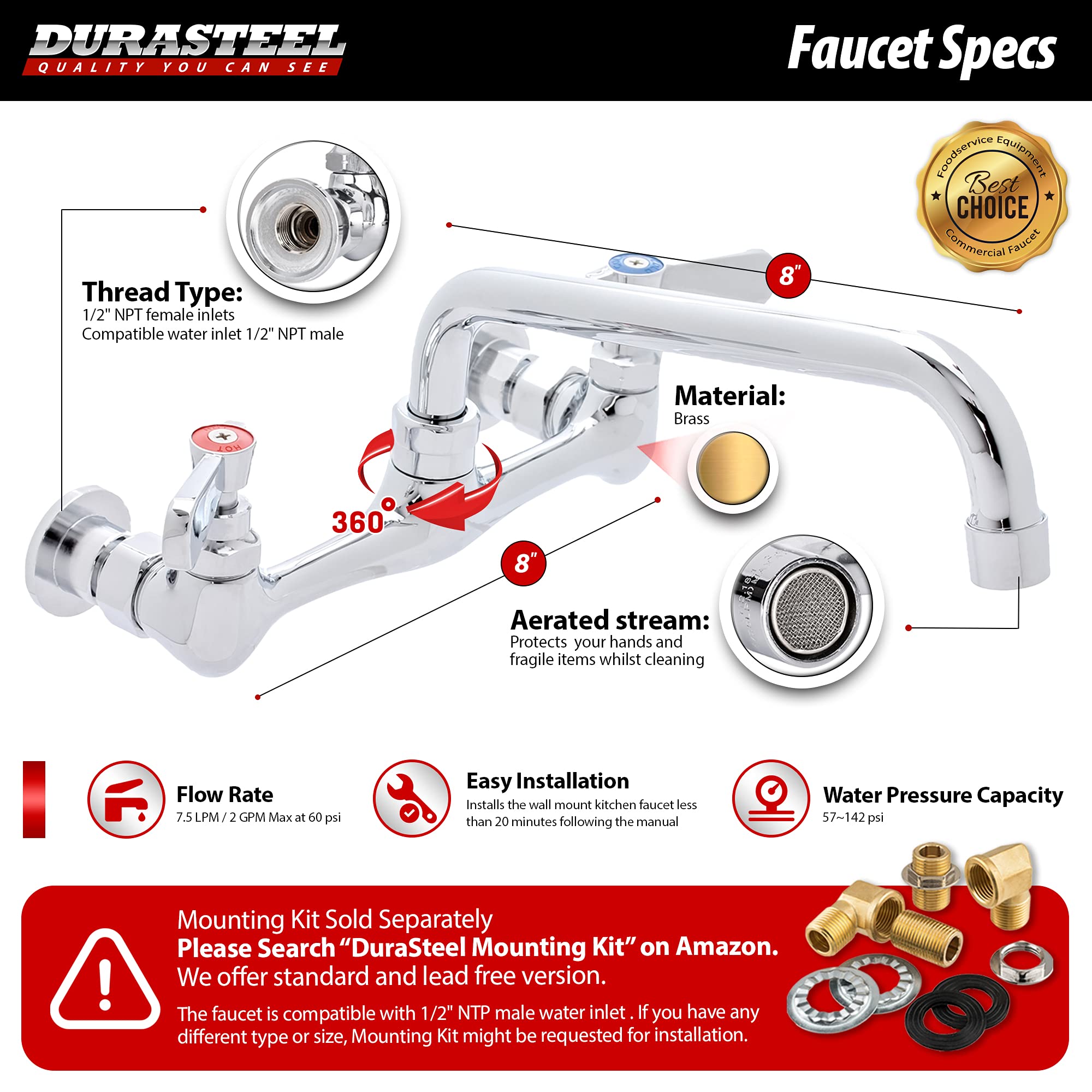 Durasteel Kitchen Sink Faucet Wall Mount - 8" Center Commercial Kitchen Sink Faucet With 8" Swivel Spout - Dual Lever Handles - Brass Constructed & Chrome Polished