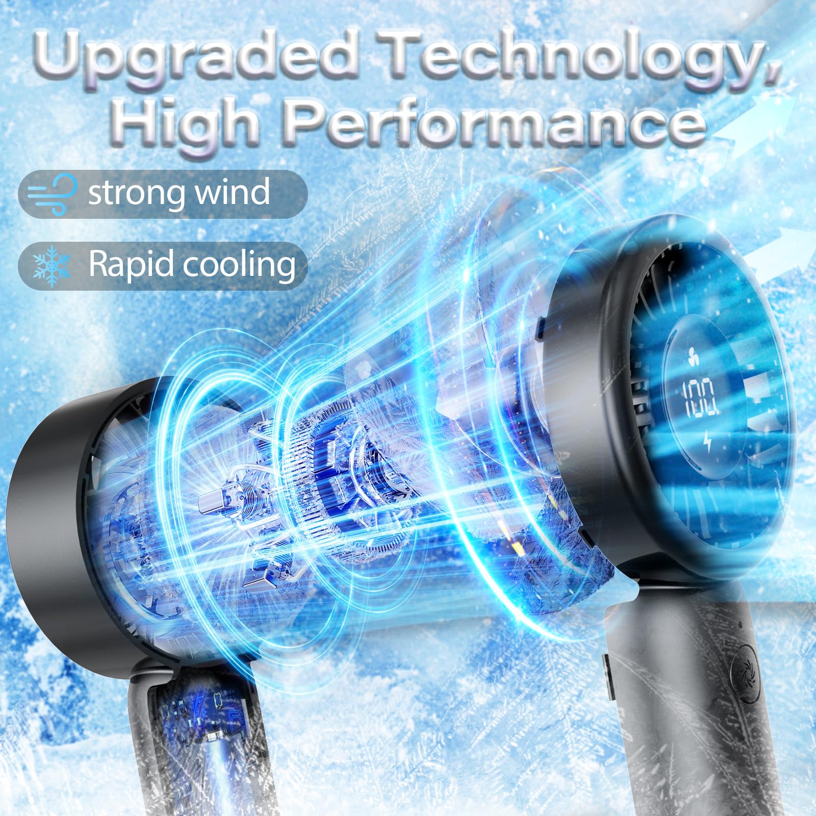 Handheld Fan - Portable Handheld Turbo Fan Rechargeable With Lanyard, 5 Speed Winds, Led Display