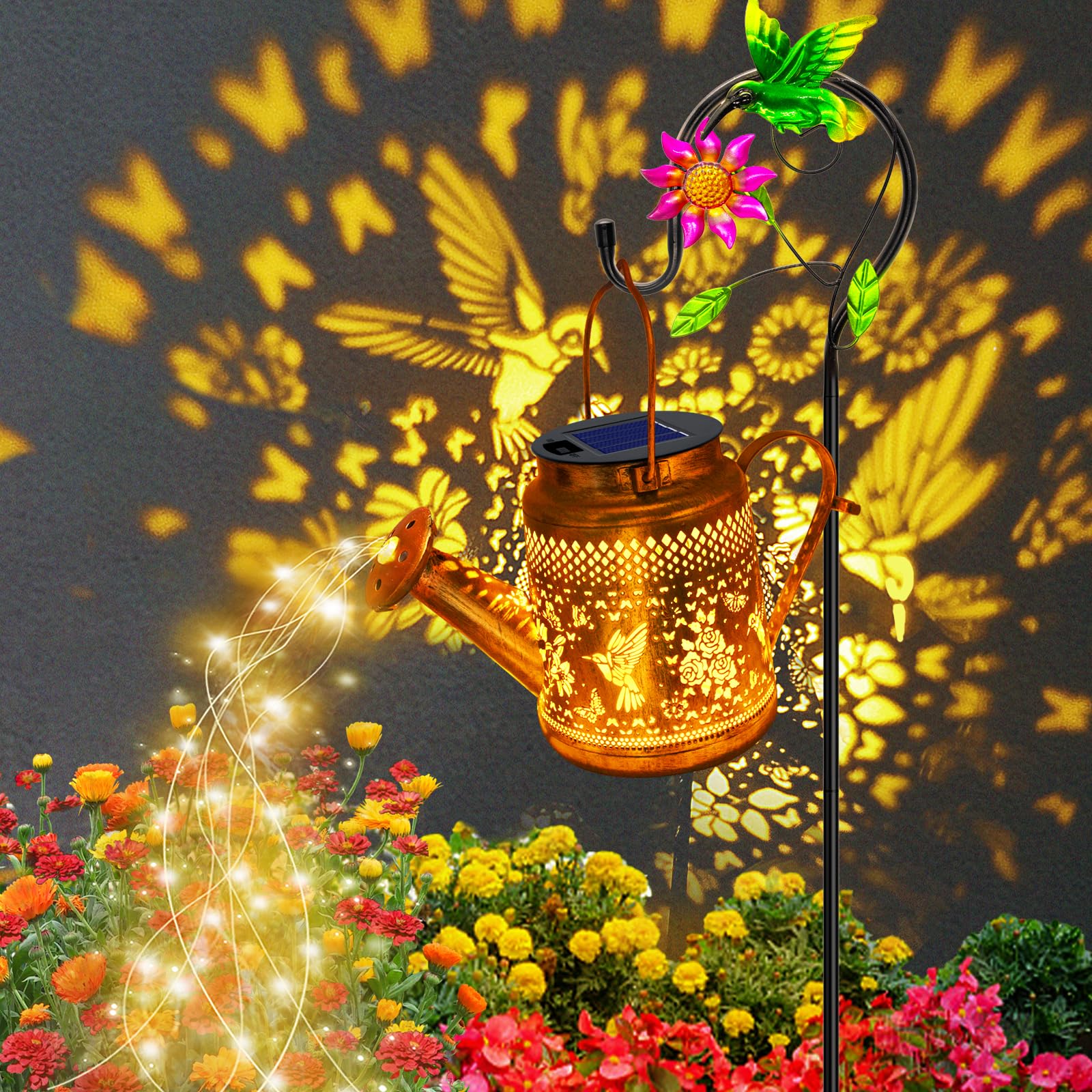 Yjfwal Solar Lanterns Outdoor Waterproof,Hummingbird Watering Can Garden Decor,Hanging Solar Path Lights Yard Art,Outside Patio Decorations Gardening Birthday For Mom Grandma Women With Shepherd Hook