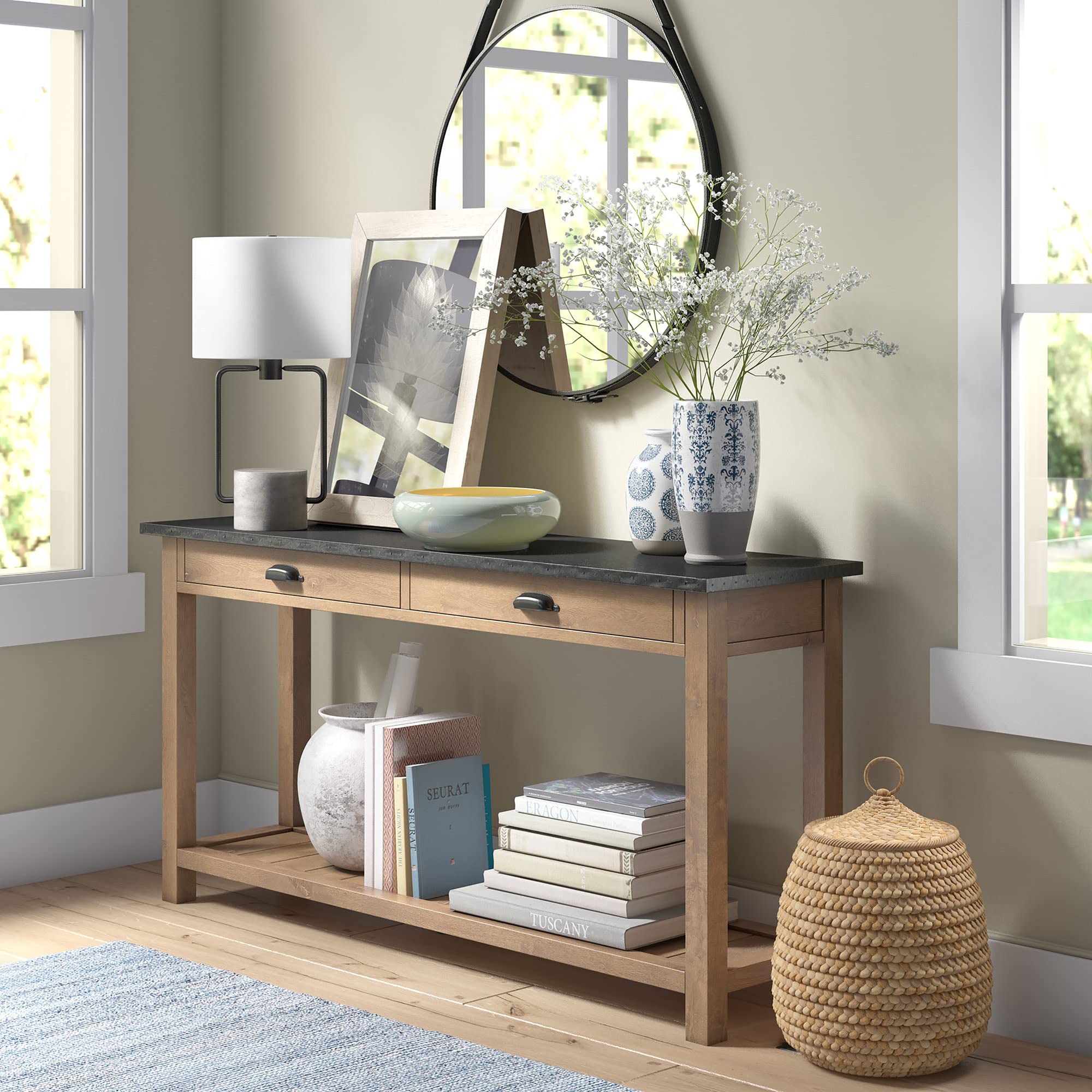 Henn&Hart 22" Tall Table Lamp With Fabric Shade In Blackened Bronze/Concrete, For Home, Living Room, Bedroom, Entertainment Room, Office, Kitchen, Dining