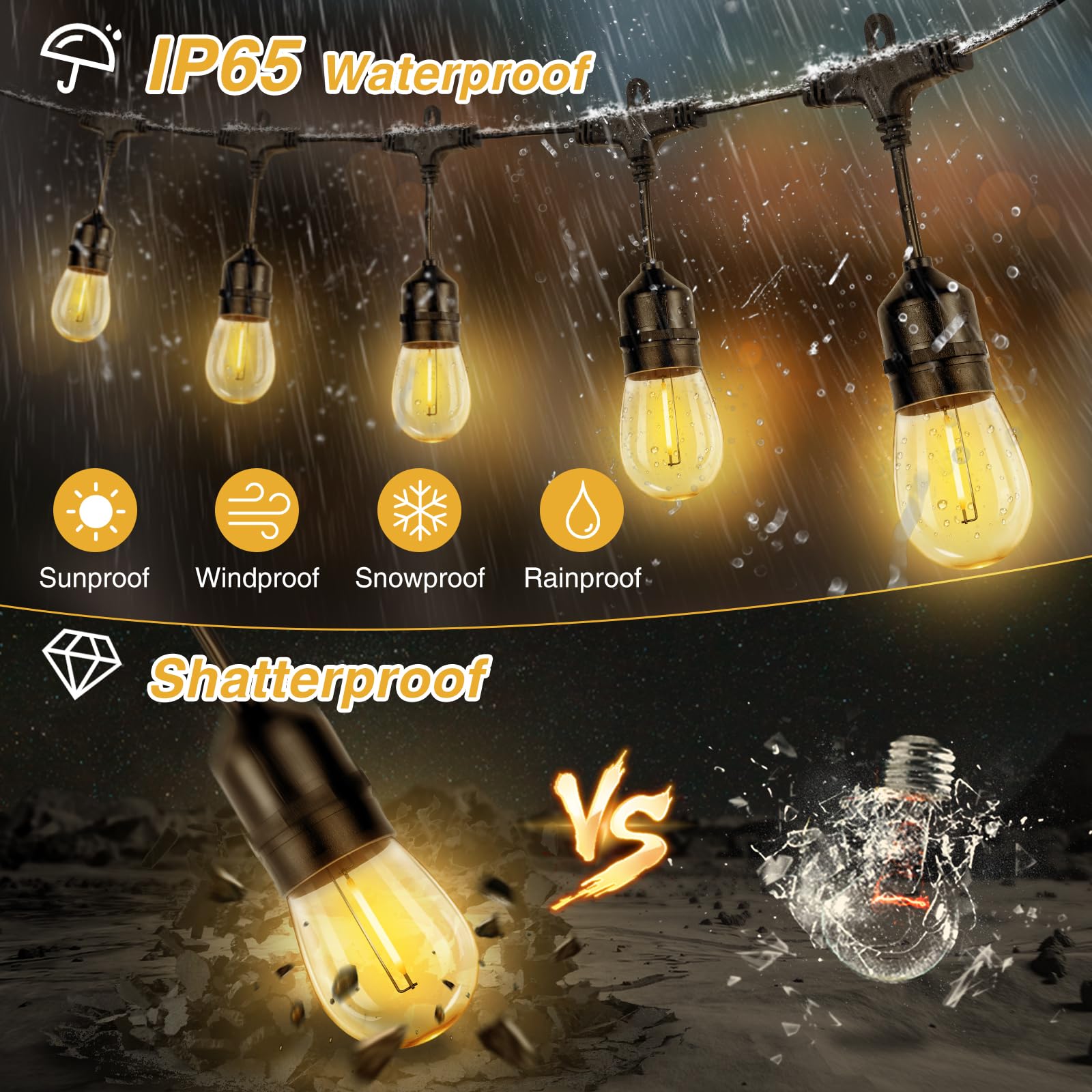 Zjojo 50Ft Solar String Lights - Outdoor Waterproof With 16 Plastic Shatterproof Bulbs, Ip65 Grade Led Patio Lights With Solar Power & Usb Port
