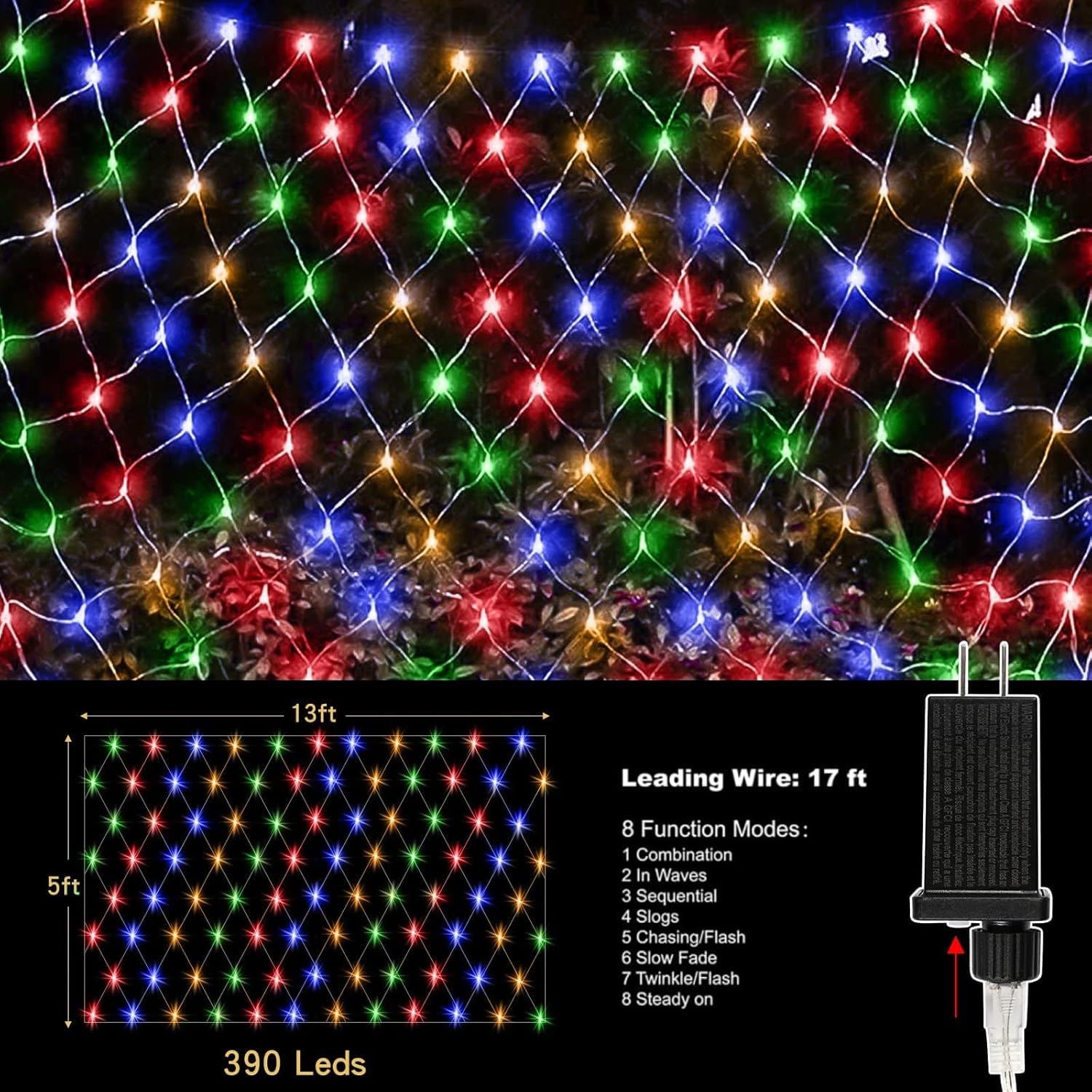 Anycosy 390 Led Christmas Net Lights,13X5Ft Mesh String Lights,8 Modes Waterproof Outdoor Mesh Fairy Lights For Xmas Trees, Bushes, Wedding, Garden (Multicolor)