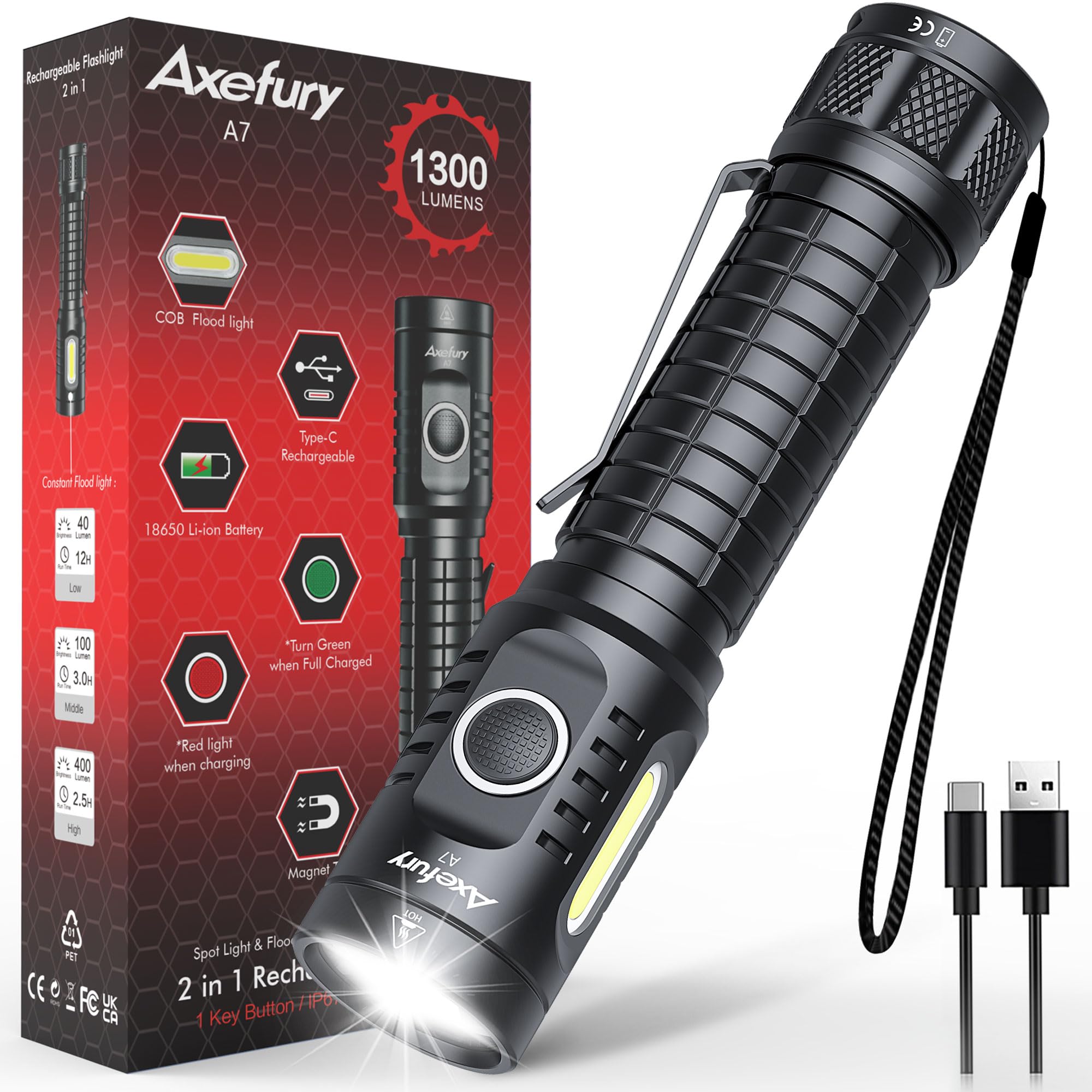 Axefury Flashlight, Rechargeable Magnetic Led Flashlight High Powered 1300 Lumens,Tactical Led Light Torch Cob Work Light,9 Modes,Ip67 Outdoor Gear A7