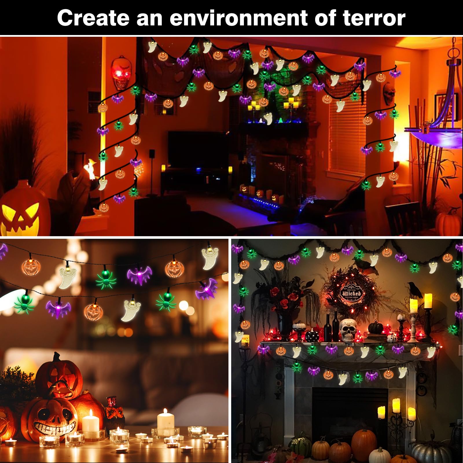 Betrihyes Solar Halloween String Lights Outdoor,Halloween Decorations Spooky Lights With 26Ft 40Led Pumpkin Bat Ghost Spider Magic Outside Decorations,Solar Halloween Lights For Home Party Yard Decor