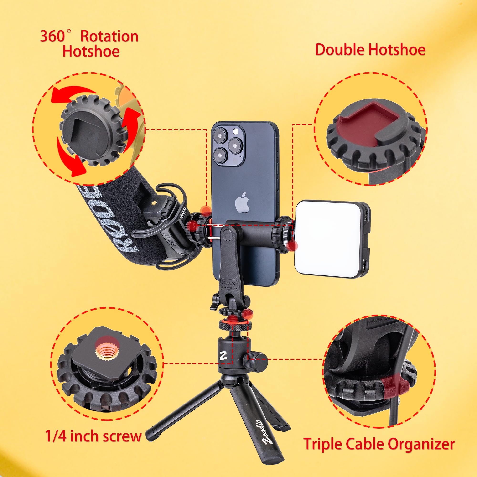 Zeadio Smartphone Tripod Mount Adapter, Cell Phone Tripod Holder Selfie Stick Monopod Adjustable Clamp