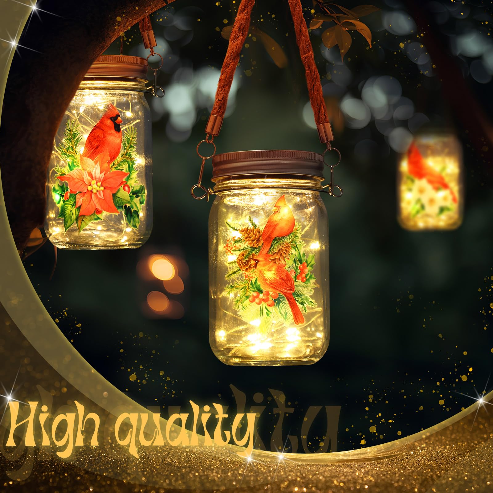 Jingmore 3 Pcs Solar Lantern Fairy Hanging Jar Lights Solar Outdoor Yard Garden Lantern Decor For Holiday Indoor Outdoor Decorations Home Decor(Christmas Cardinal)
