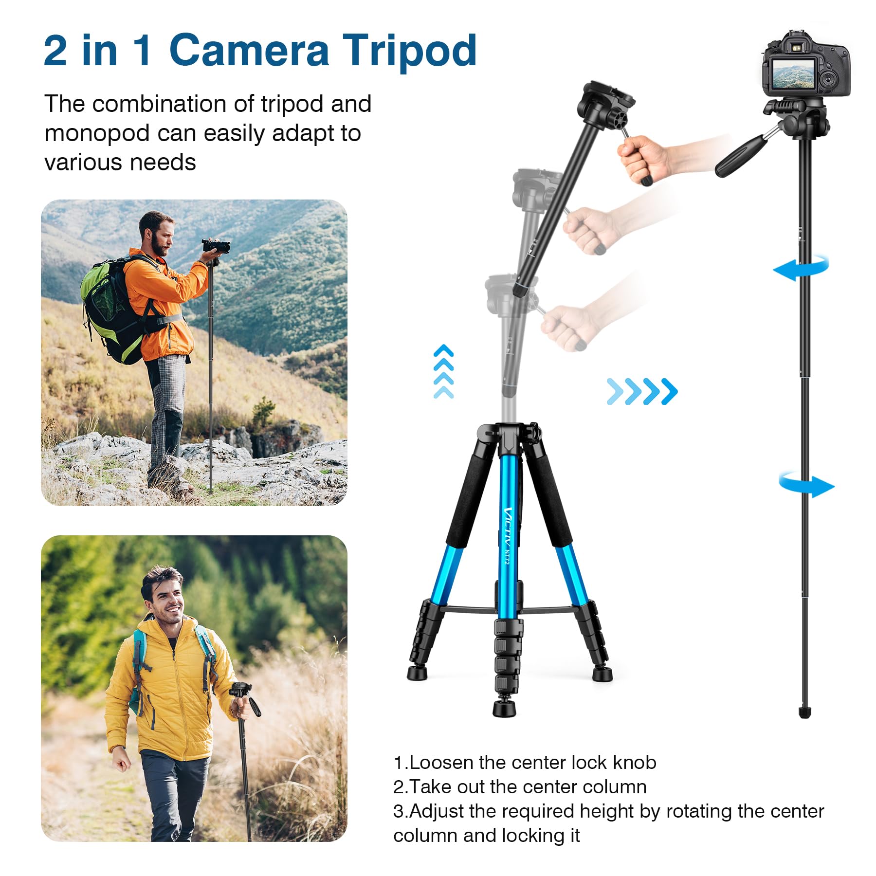 Victiv 72 Inch Camera Tripod, Tall Tripod For Camera Cell Phone, Heavy Duty Camera Tripod Stand, Professional Aluminum Monopod, Compatible With Canon Nikon Sony Dslr Cameras - Blue