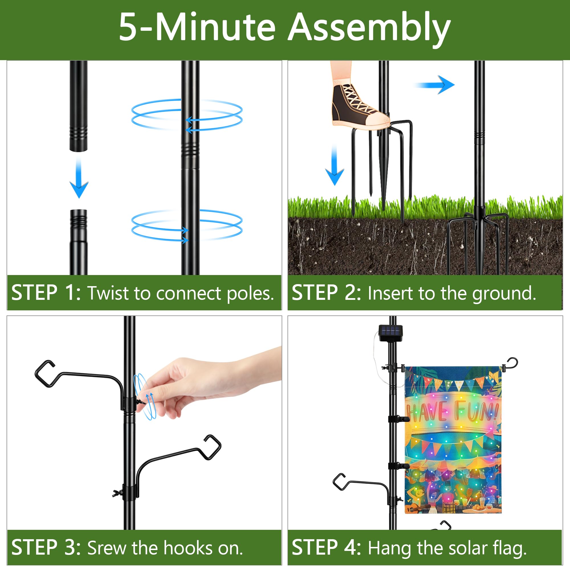 Lujoin 3-In-1 String Light Pole For Outside (2 Pack), Each Pack Includes 2 Hooks, 1 Solar Led Light Board & 1 Party Flag, Heavy Duty Stand For Deck, Patio, Backyard, Wedding