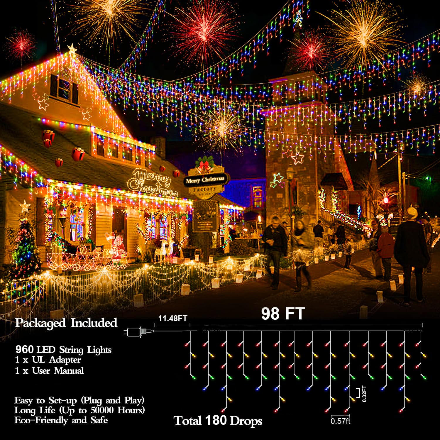 Flvoecn 98Ft 960Led Christmas Lights Waterproof 8 Modes Christmas Lights Outdoor Decoration With Memory And Timer Hanging Fairy Lights Plug-In Curtain String Lights For Holiday Party Wedding Home Roof