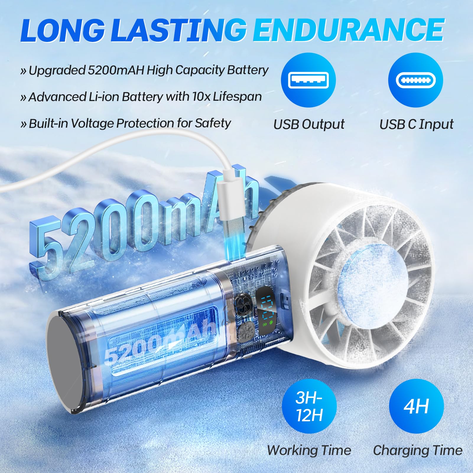 Handheld Ice Fan - 16℃ Tec Superconducting Cooling, 5200Mah Rechargeable & Anc Silent Motor