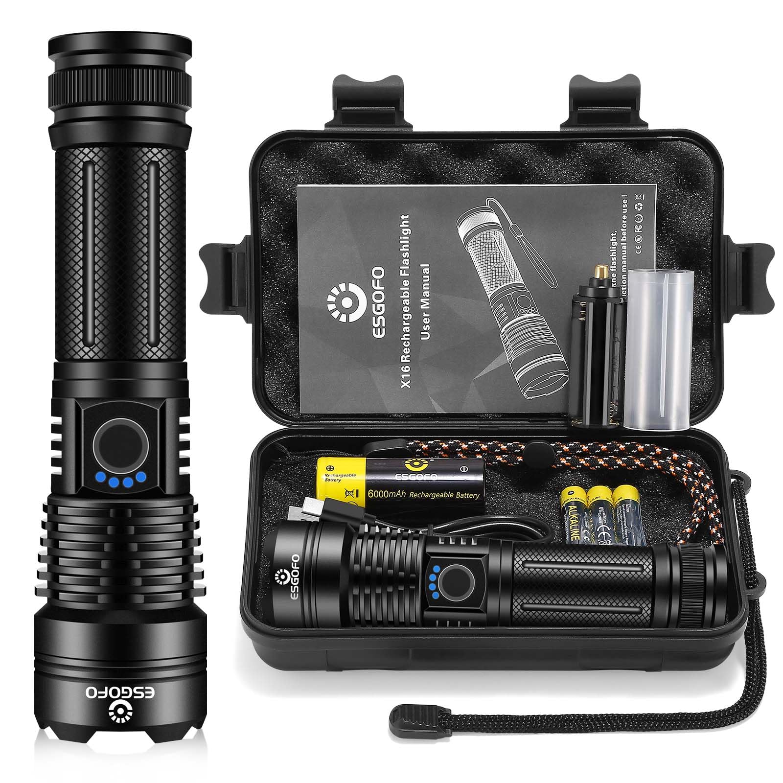 Esgofo Flashlights High Lumens Rechargeable, 1000000 Lumens Super Bright Handheld Led Flash Light,Powerful Emergency Linternas, Waterproof, Long Lasting, For Hiking Camping