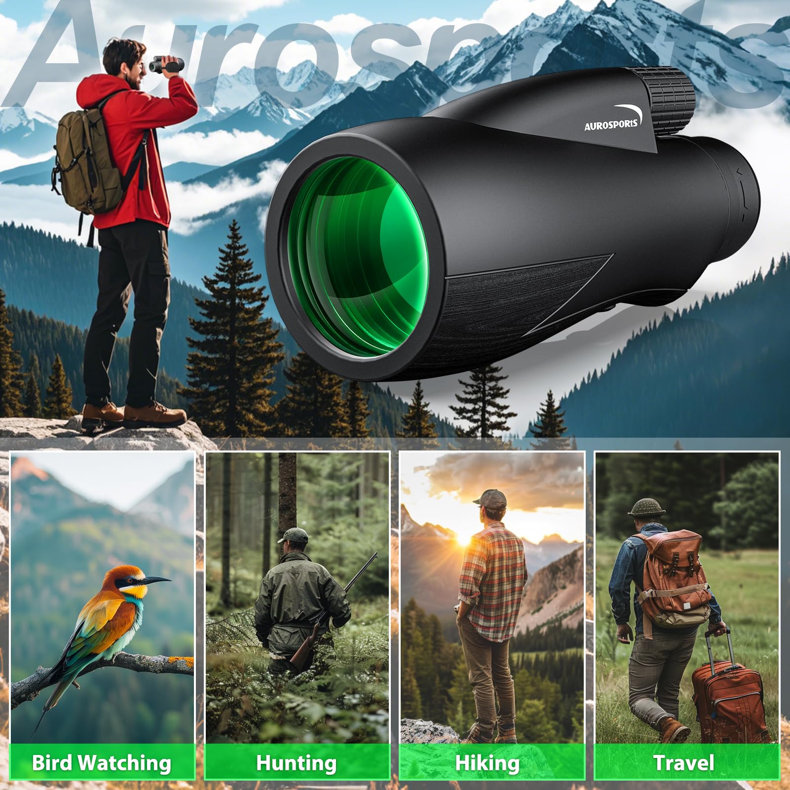 Aurosports 12X55 Monocular For Adults High Power - Compact Portable Monoculars For Bird Watching - Hd Monoculars With Smartphone Adapter Tripod Camera For Hunting Hiking Camping Wildlife