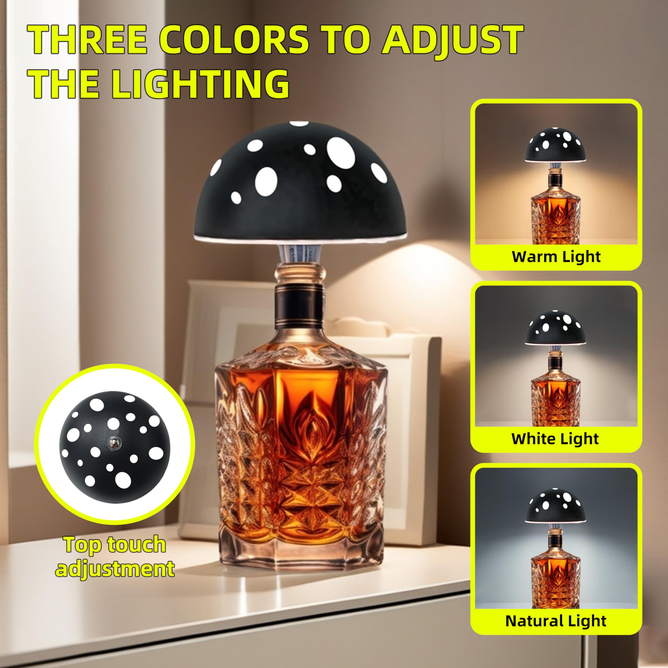 Fozxsvg Mushroom Bottle Lamp, Alloy Wine Bottle Lights, Led Table Lamps With 2000Mah 3 Color Adjustable For Bedroom, Bar, Restaurant (Black)