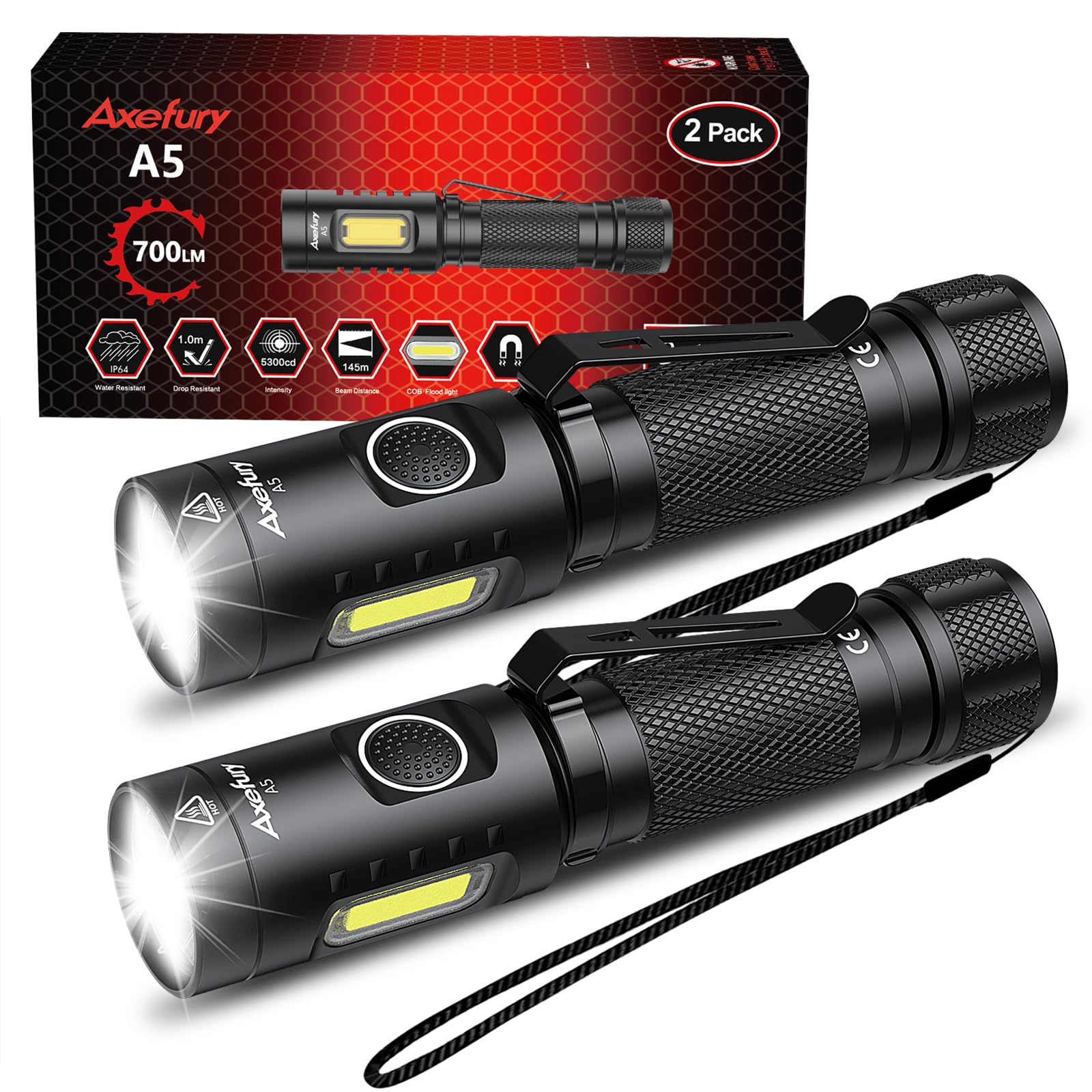 Axefury A5 Flashlight,Edc Flashlight With Magnet, 2Pack Mini Tactical Flashlight,Dual Fuel Max 700 High Lumens,6 Modes,Cob Worklight For Camping, Emergency(Not Included Battery)