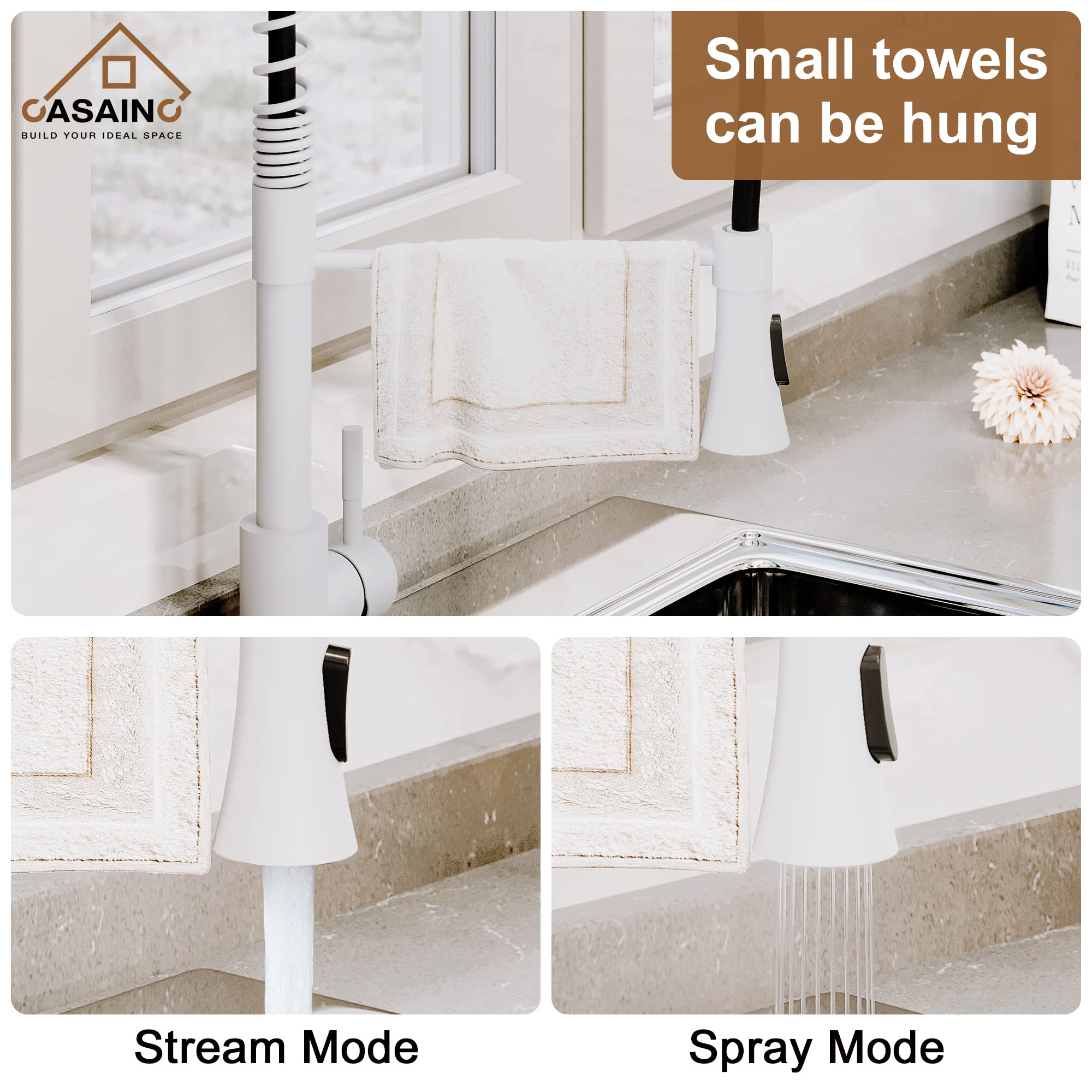 Casainc Kitchen Faucet Matte White,1.8 Gpm Spring Single Handle Kitchen Sink Faucet, Lead- Copper High Single Handle For Bar Laundry Utility Sink