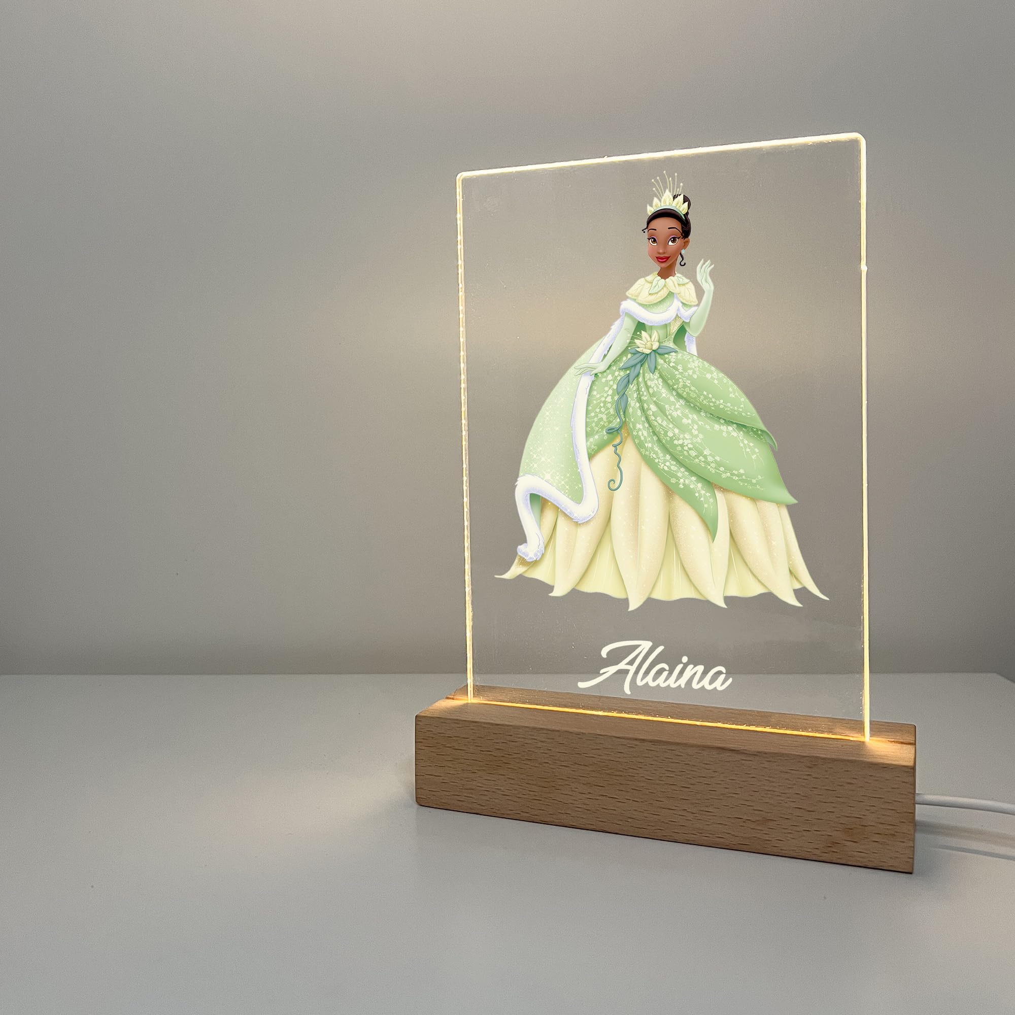 Mirror Mania Tiana Frog Premium Wood Base Stand Soft Night Light Up Table Desk Lamp Led Princess Sign Personalized Engraved With Your Name On It, Made To Order Home Girls Room Decor, A Must Have