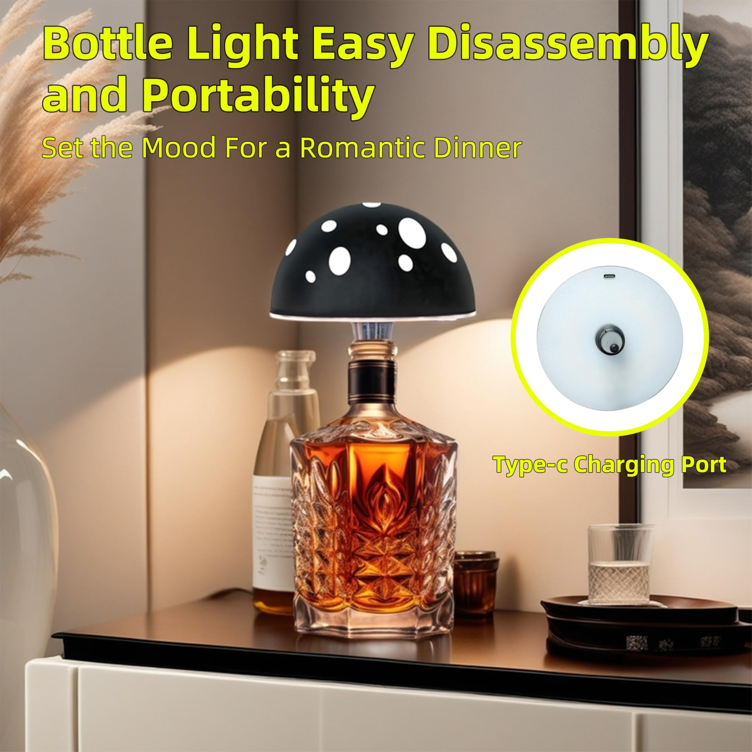 Fozxsvg Mushroom Bottle Lamp, Alloy Wine Bottle Lights, Led Table Lamps With 2000Mah 3 Color Adjustable For Bedroom, Bar, Restaurant (Black)