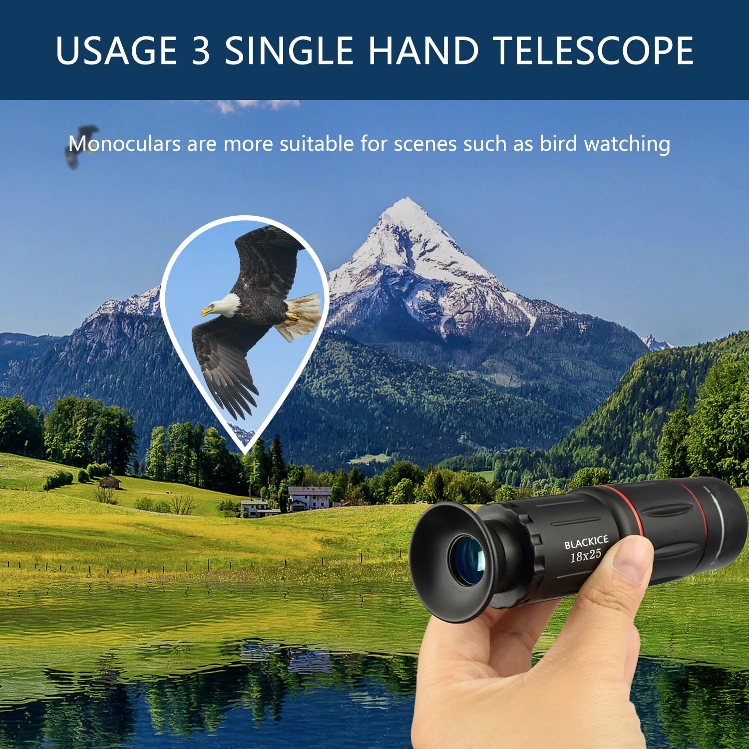 Blackice 18X25 Monocular Telescope, Adults Monocular With Bak4 Prism, Smartphone Adapter, Compact, Beginner, Adults