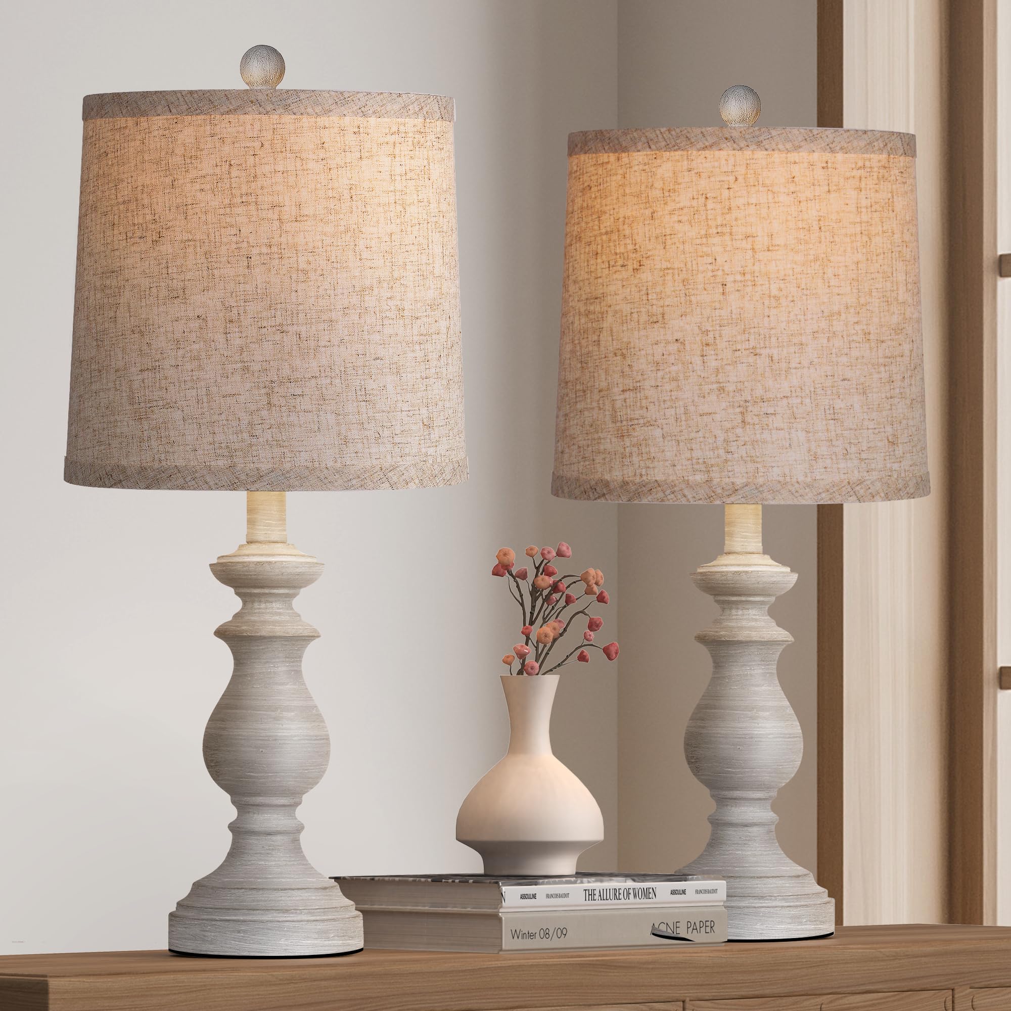 Partphoner Traditional Table Lamp Set Of 2, Rustic Farmhouse Table Lamps For Living Room Bedroom, 22" Bedside Desk Lamps Vintage Nightstand Lamps With Linen Shades, Antique Grey