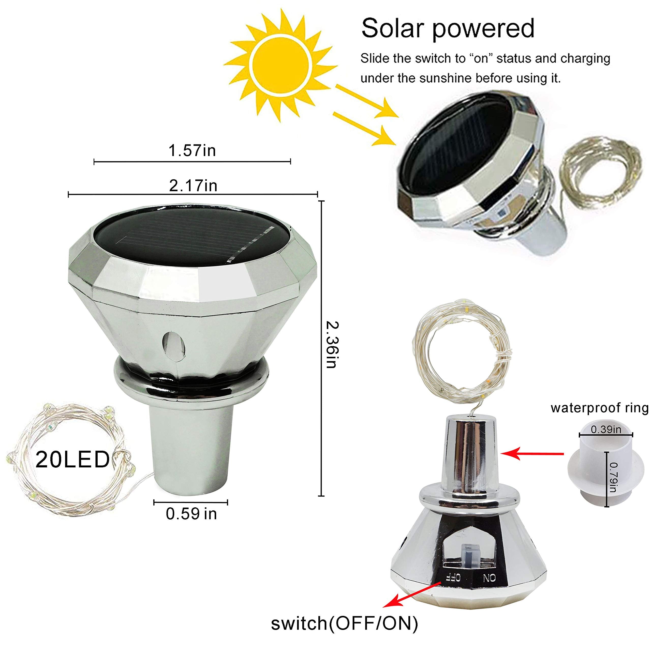 Cynzia Solar Wine Bottle Lights, 6 Pack 20Led Solar Powered Diamond Cork Lights, Waterproof Outdoor Fairy String Light For Garden, Patio, Party, Wedding, Holiday Decor (Cold White)