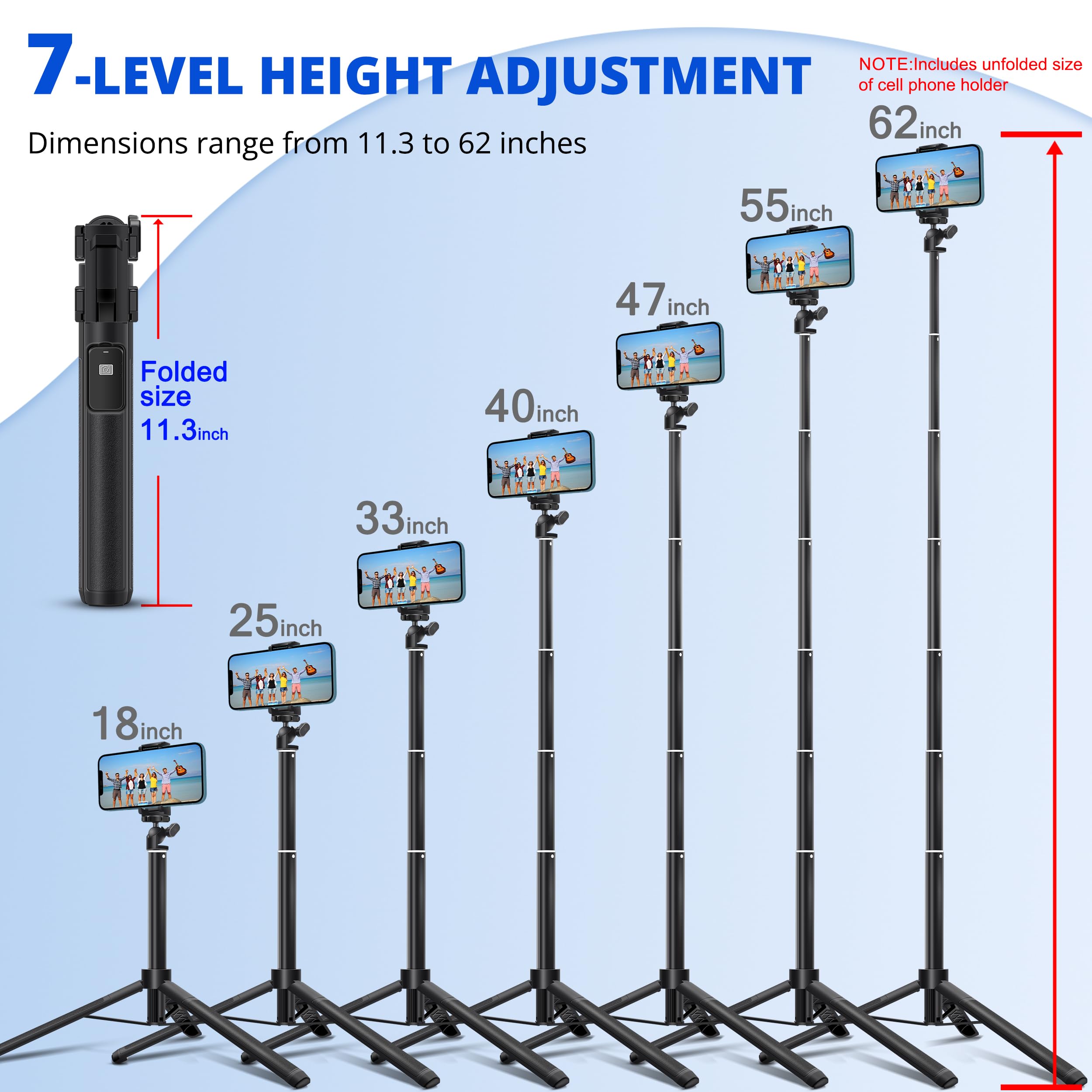 Bluehorn Extendable 62 Inches Aluminum Alloy Selfie Stick Phone Tripod Stand Model With Wireless Remote Shutter Compatible With All Cell Phones/Live Stream/Vlog/Iphone 16/15/14/13/Android
