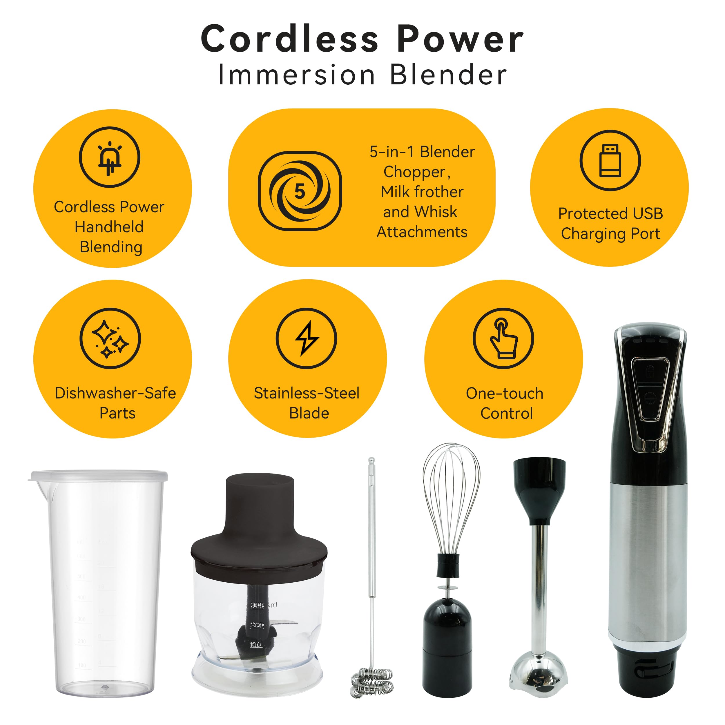 Weavelife Cordless Portable Immersion Blender 5-In-1 Blender Set, Ice Crushing Power With One-Touch Speed Control, Comes With Potato Masher, Whisk, Chopper, Beaker, And Storage Case, Stainless Steel
