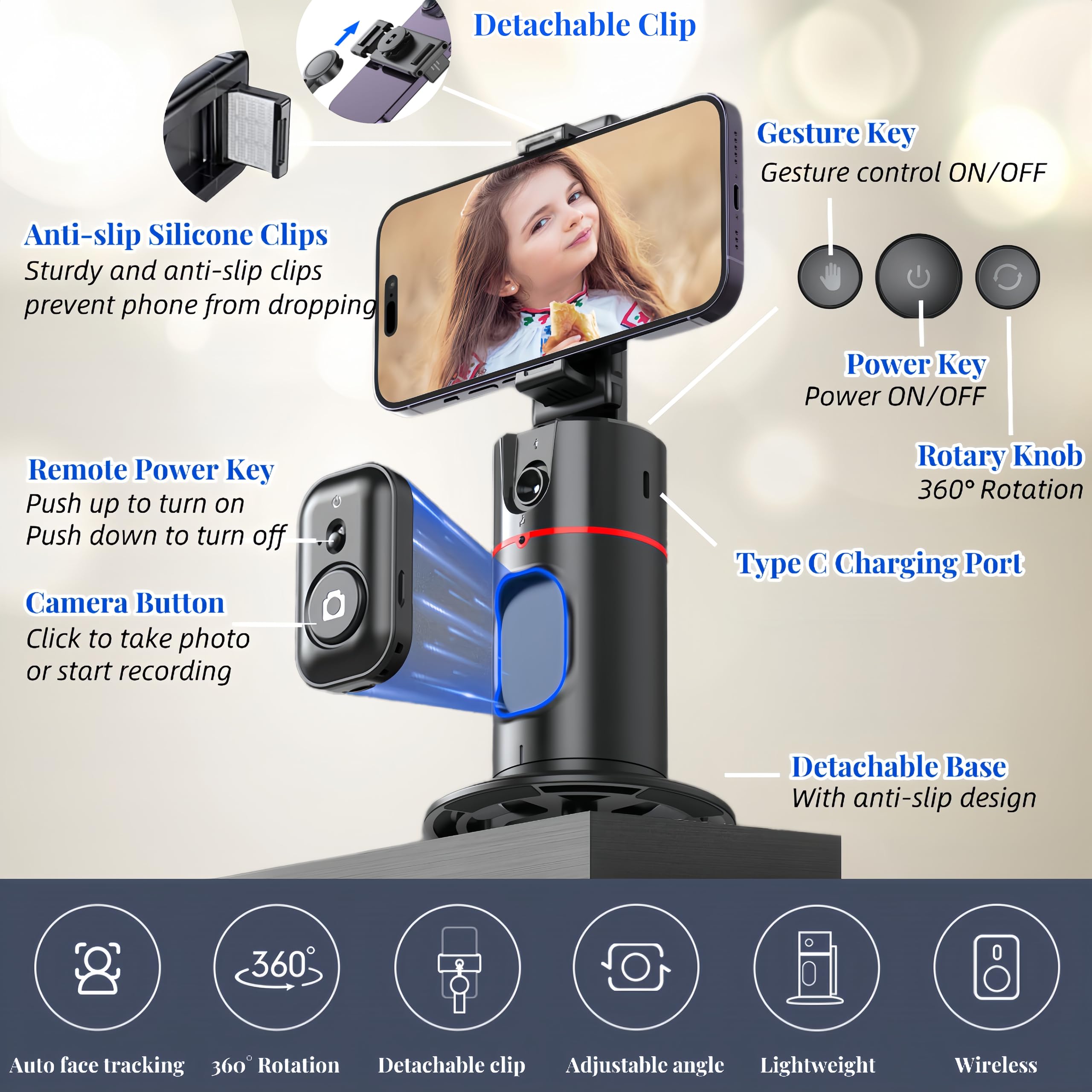 Bizisofon Auto Face Tracking Tripod, 360° Rotation Face Body Tracking Phone Holder, Rechargeable Smartphone Camera Mount Remote & Gesture Control With Adjustable Selfie Stick Tripod Stand For Phone Camera Gopro