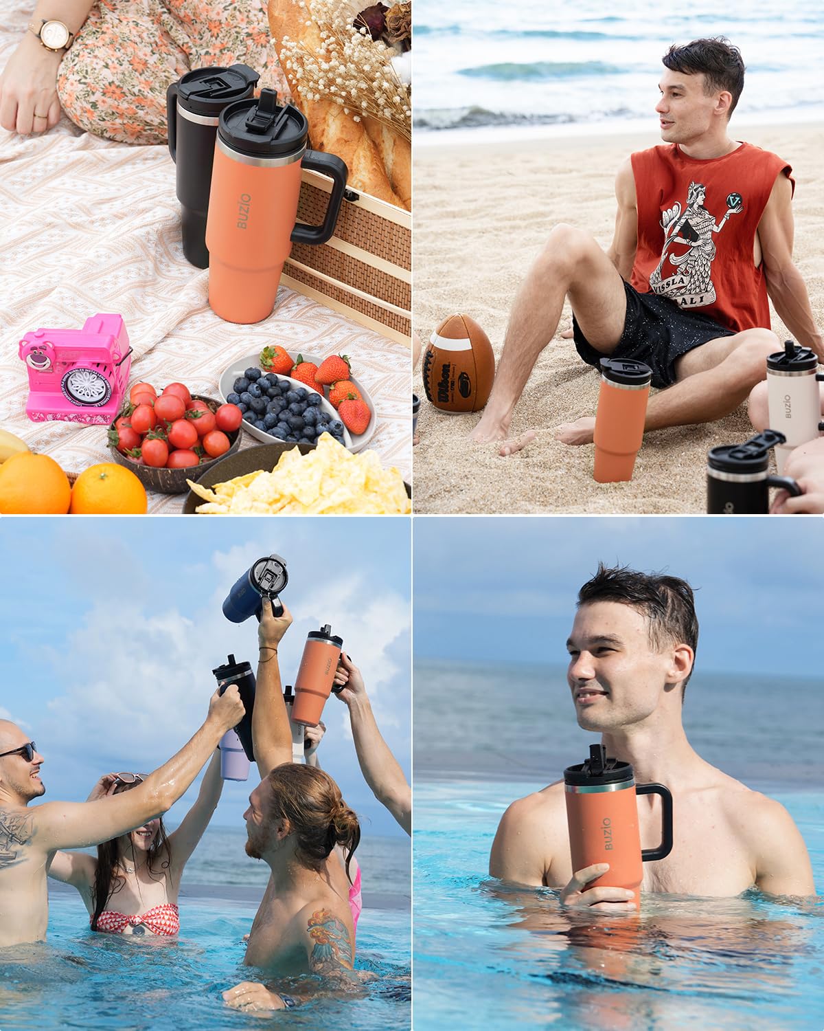 Buzio 40Oz Tumbler With Handle And Straw Lid, Stainless Steel Water Bottle Fits In Cup Holder