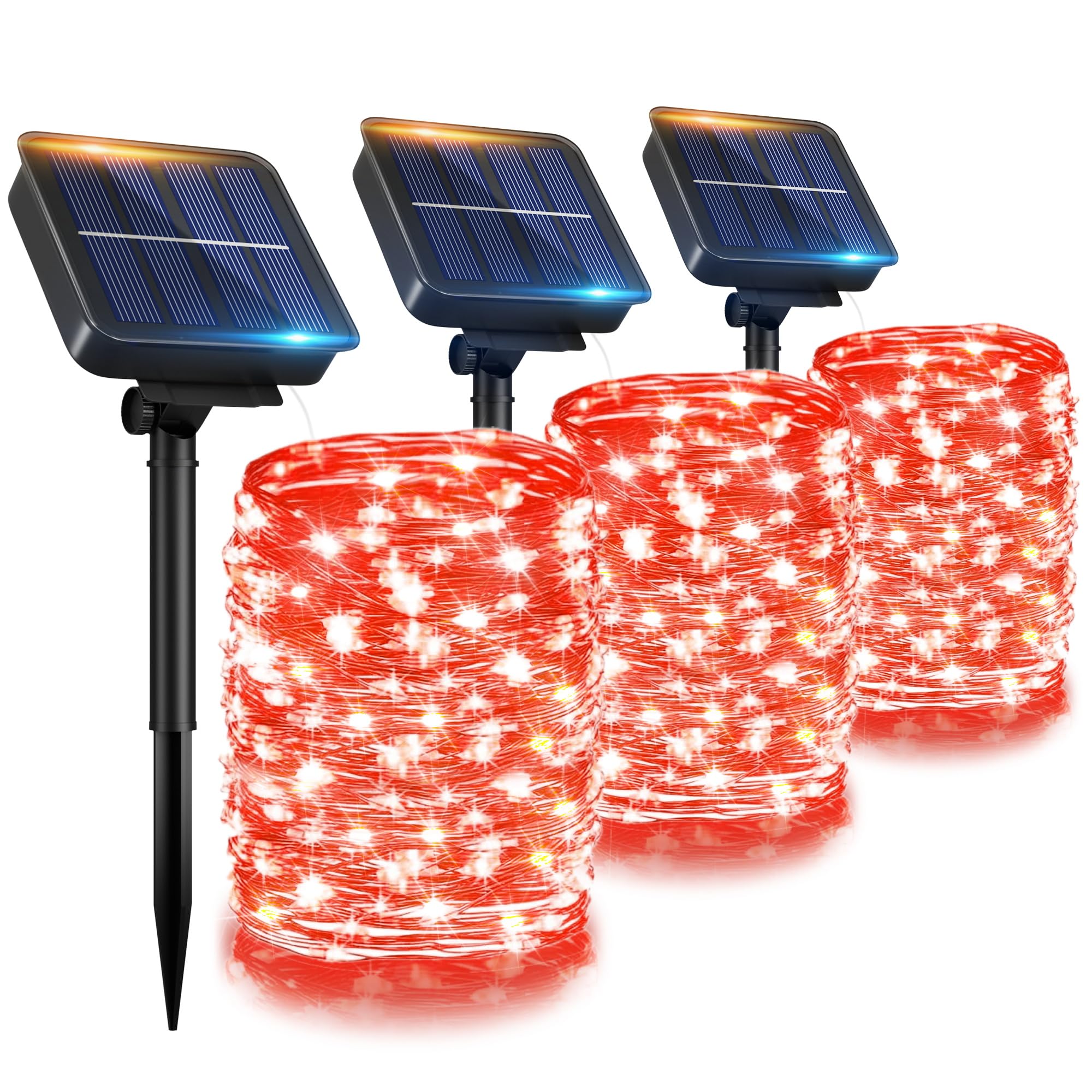 Ohlux 3 Pack Solar String Lights Outdoor, Total 100Ft 300Led Solar Powered Fairy Lights Waterproof, 8 Modes Christmas Lights For Christmas Garden Tree Wedding Patio Decor-Red