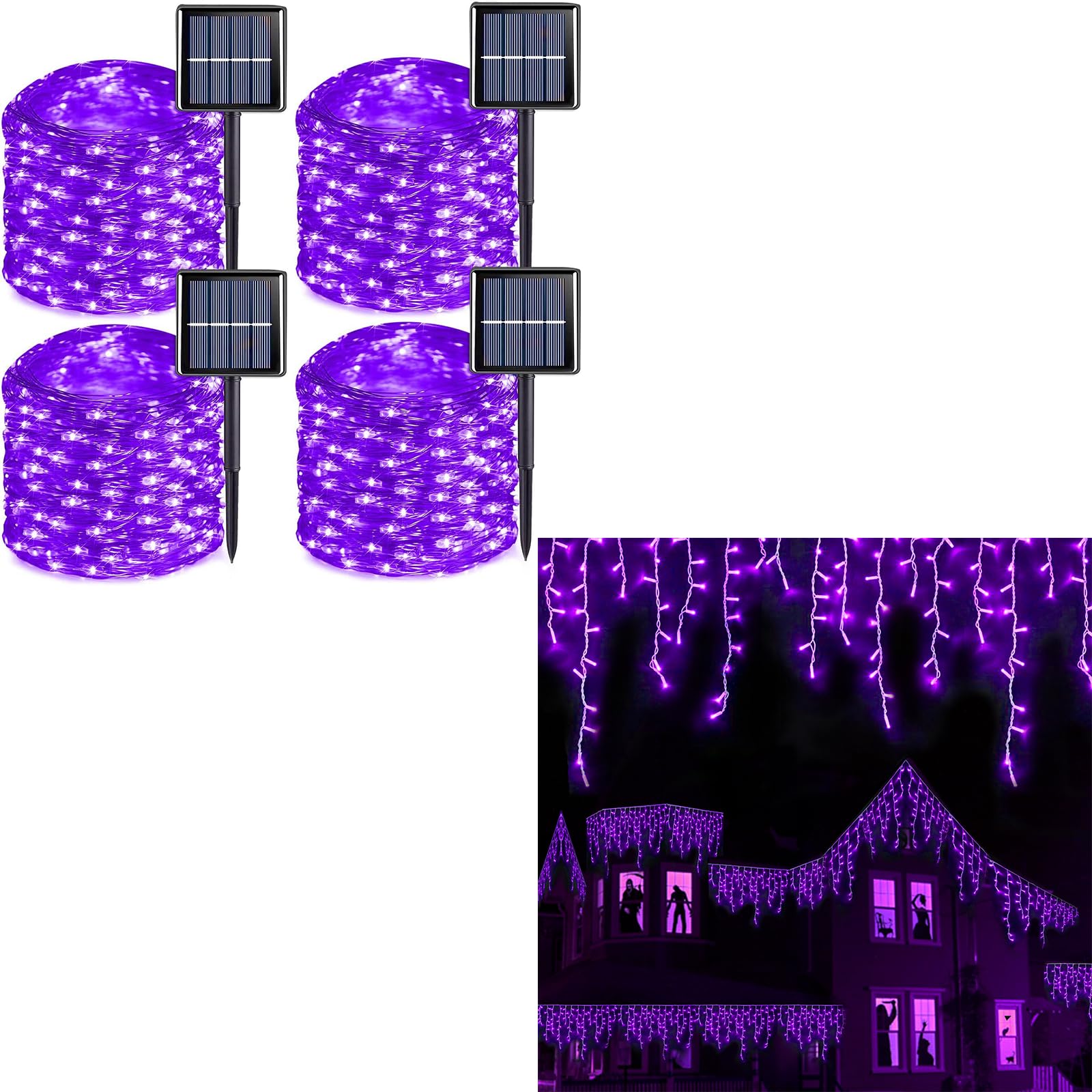 Yeguo 4 Pack Total 400 Led Halloween Solar Fairy Lights/ 400 Led Halloween Icicle Lights (Purple)