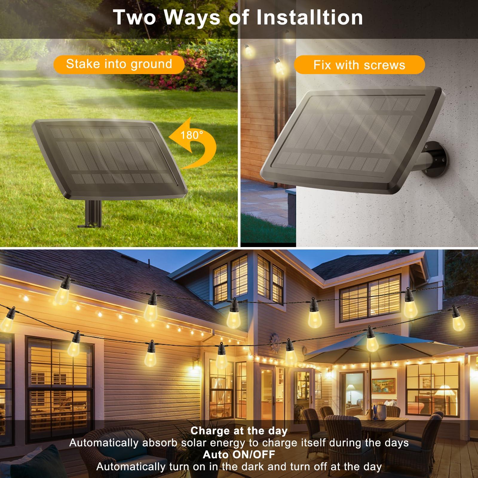 Ysj Solar String Lights Outdoor Waterproof,49Ft 20 Bulb Solar Outdoor String Lights,Solar Powered Outdoor String Lights With Usb-C Port And Remote Control,Camping Decoration Garden (Black)