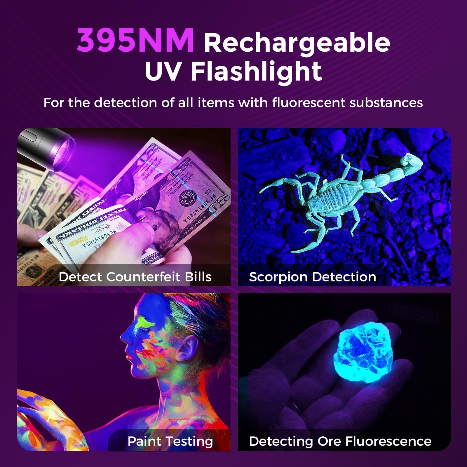 Rechoo Black Light Uv Flashlight, 395Nm Blacklight Rechargeable Flashlights Uv Light, Portable Mini Black Light For Pet Urine Detection, Bed Bug, Dry Stains, Resin Curing, Scorpions Finder