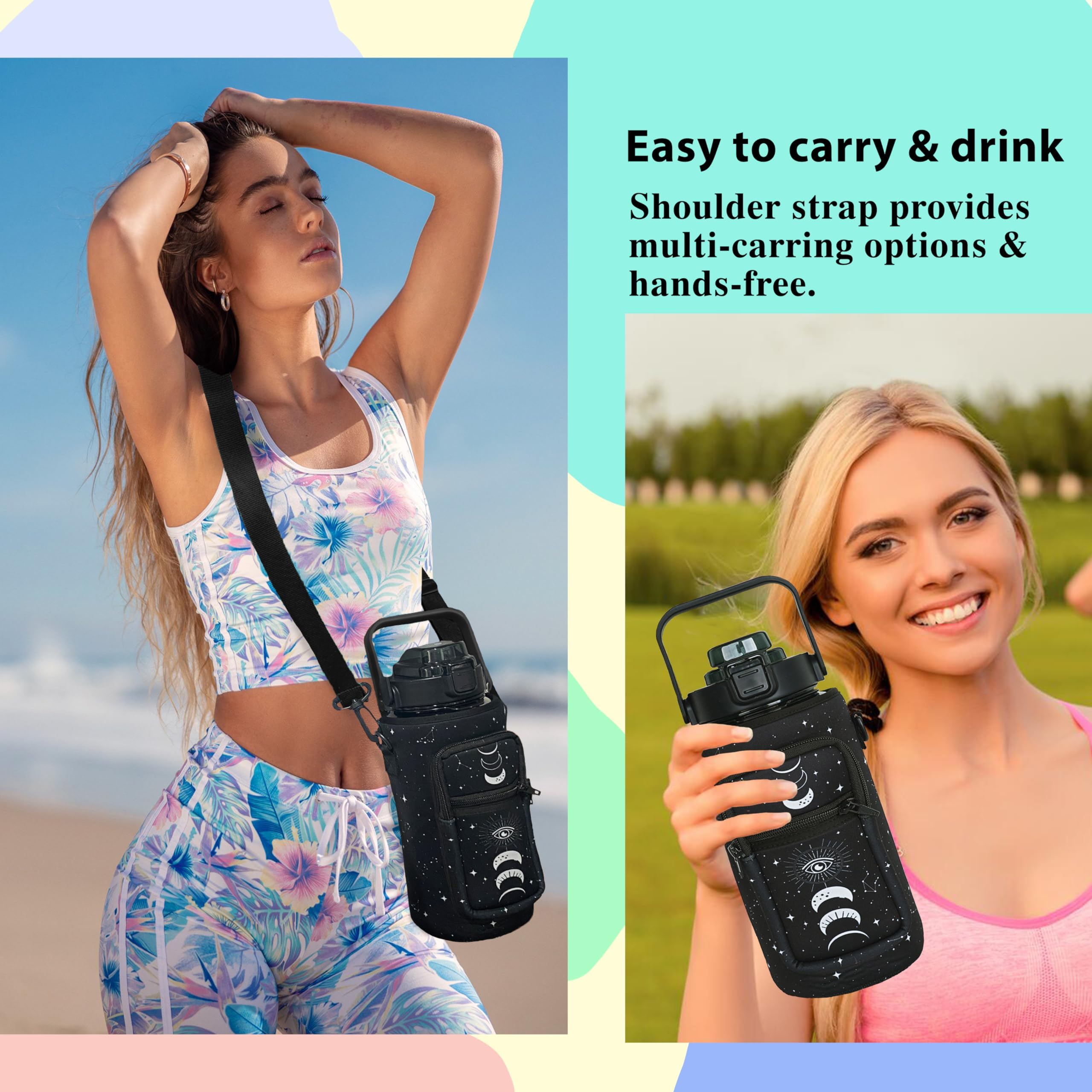 64 Oz Water Bottle With Straw Sleeve & Strap Motivational Half Gallon Water Jug With Handle