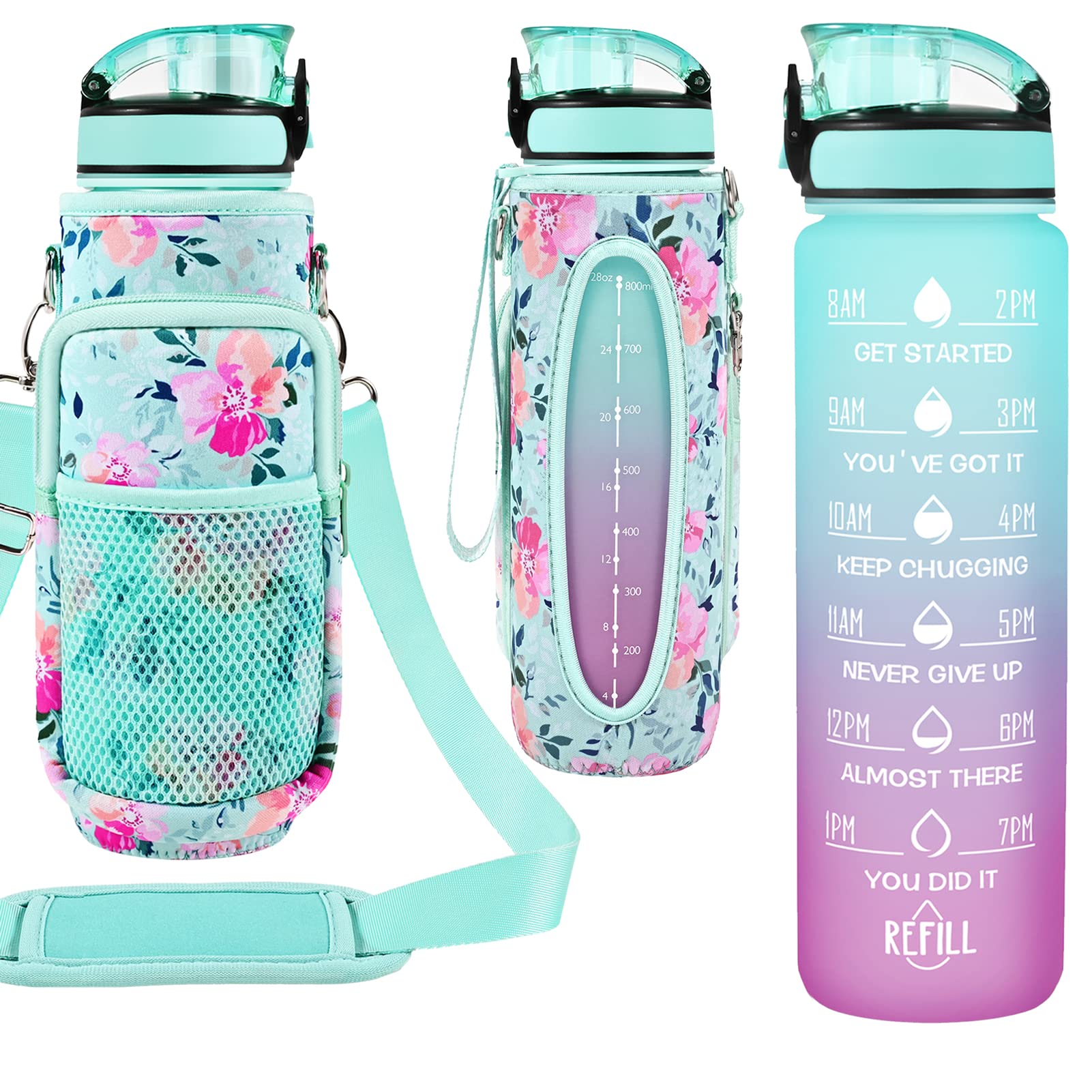 32 Oz Water Bottle With Straw And Sleeve, Motivational Water Bottle With Time Marker And Adjustable