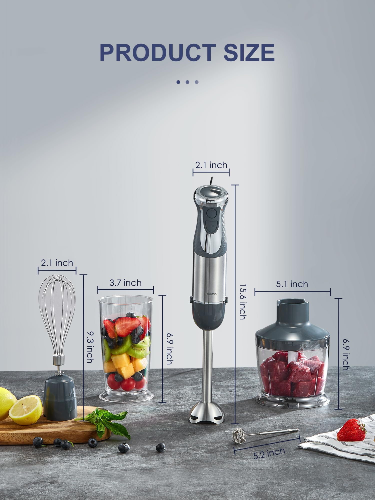 Reemix 5-In-1 Hand Immersion Blender 1000W Handheld Blender With Copper Motor, Stainless Steel Blade, Mixing Beaker, Food Processor, Whisk, Milk Frother For Smoothies, Puree, Baby Food (Gray)