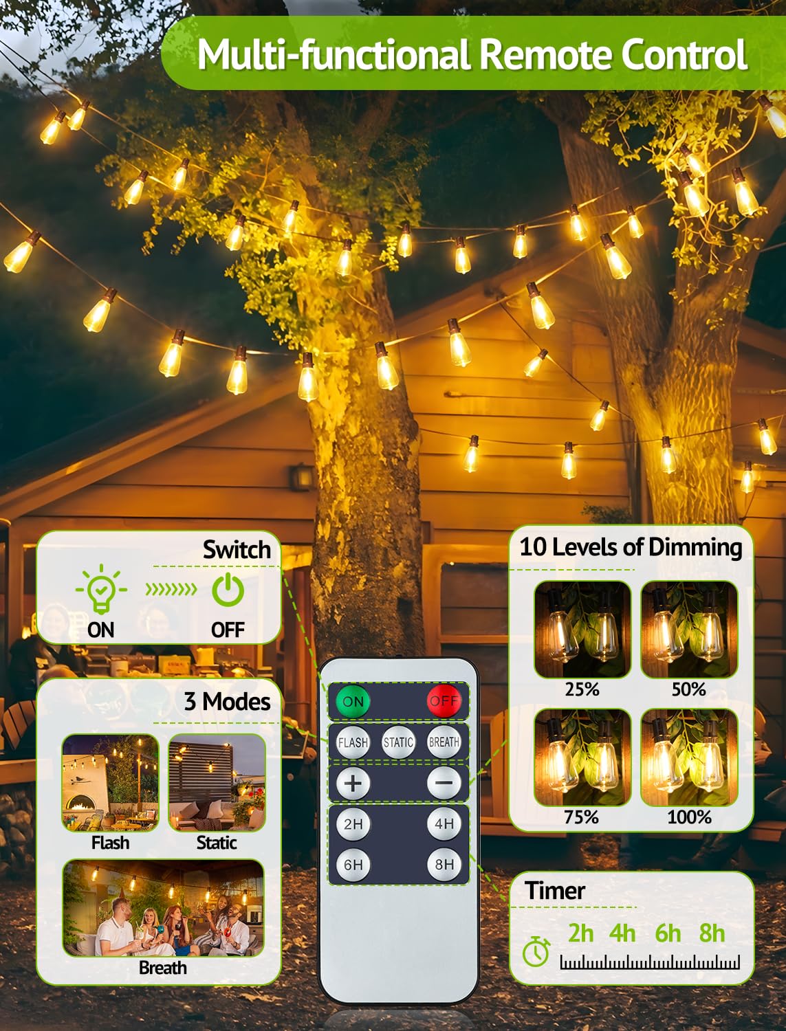 Larkvue 48Ft Solar String Lights Outdoor With Remote, Waterproof Dimmable Patio Lights With 18+1 Led St38 Bulbs 3 Modes Hanging Lighting For Backyard