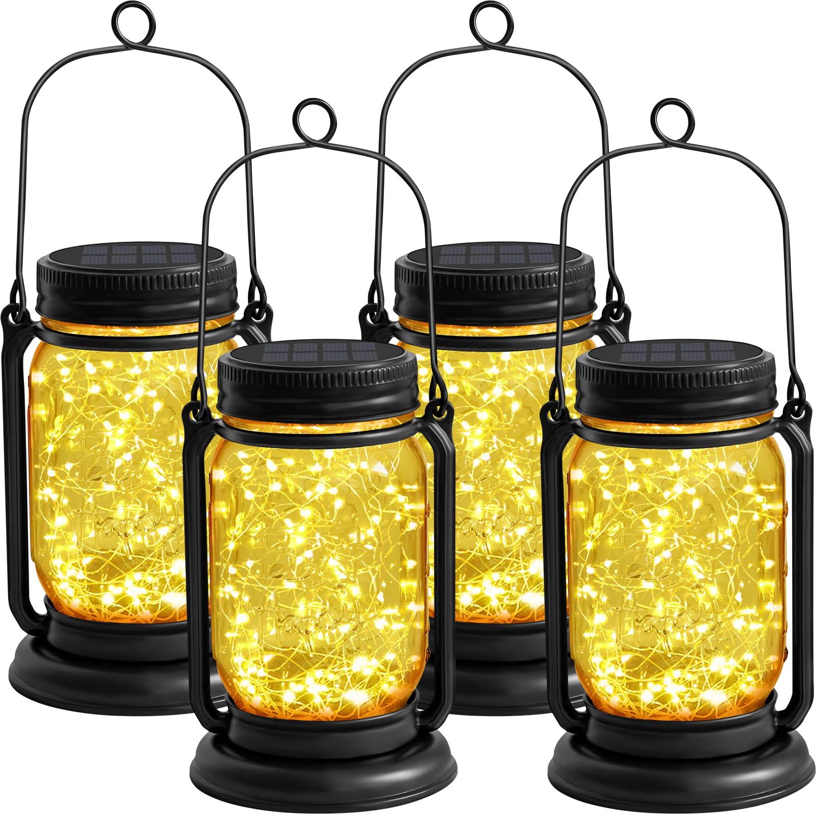 Yjfwal 4 Pack Hanging Solar Lantern Lights,Vintage Glass Mason Jar Solar Fairy Lights, Mothers Day For Woman Mom Grandmom,Outdoor Decorative Waterproof Table Lamp With Stakes For Patio Yard Lawn Tree