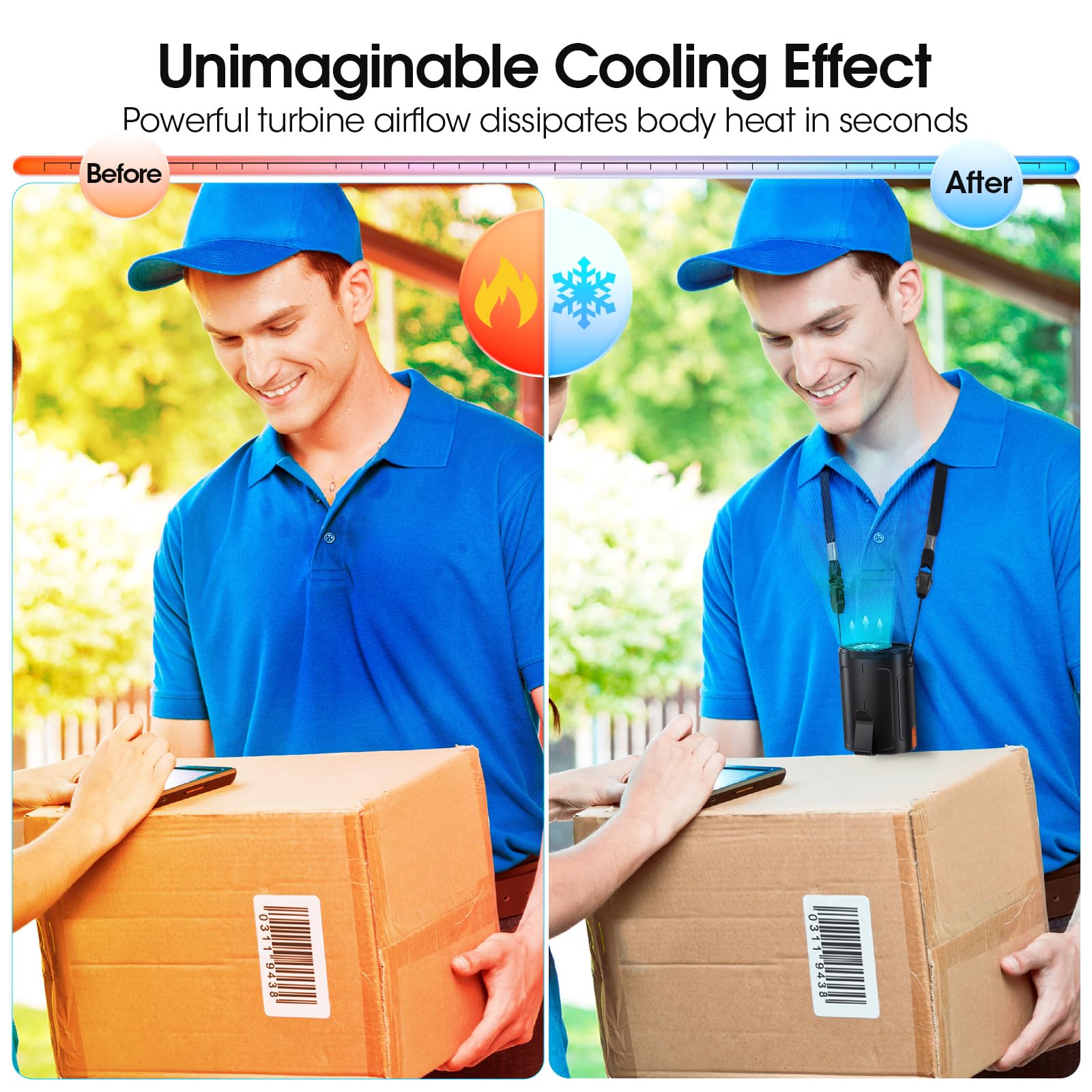 Ai waist fan with 4-speed settings and 25-hour cooling time, rechargeable for continuous airflow