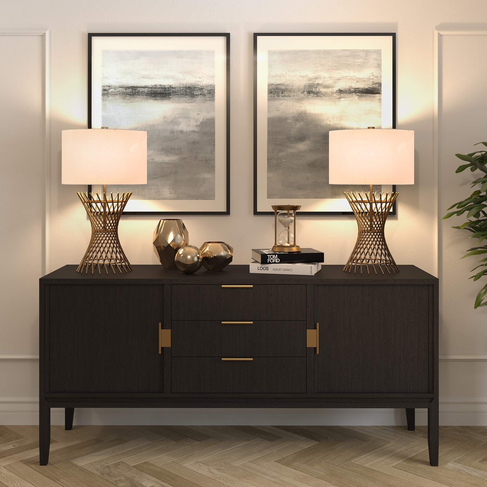 Henn&Hart 25" Tall Table Lamp With Fabric Shade In Antique Brass, For Home, Living Room, Bedroom, Entertainment Room, Office, Kitchen, Dining