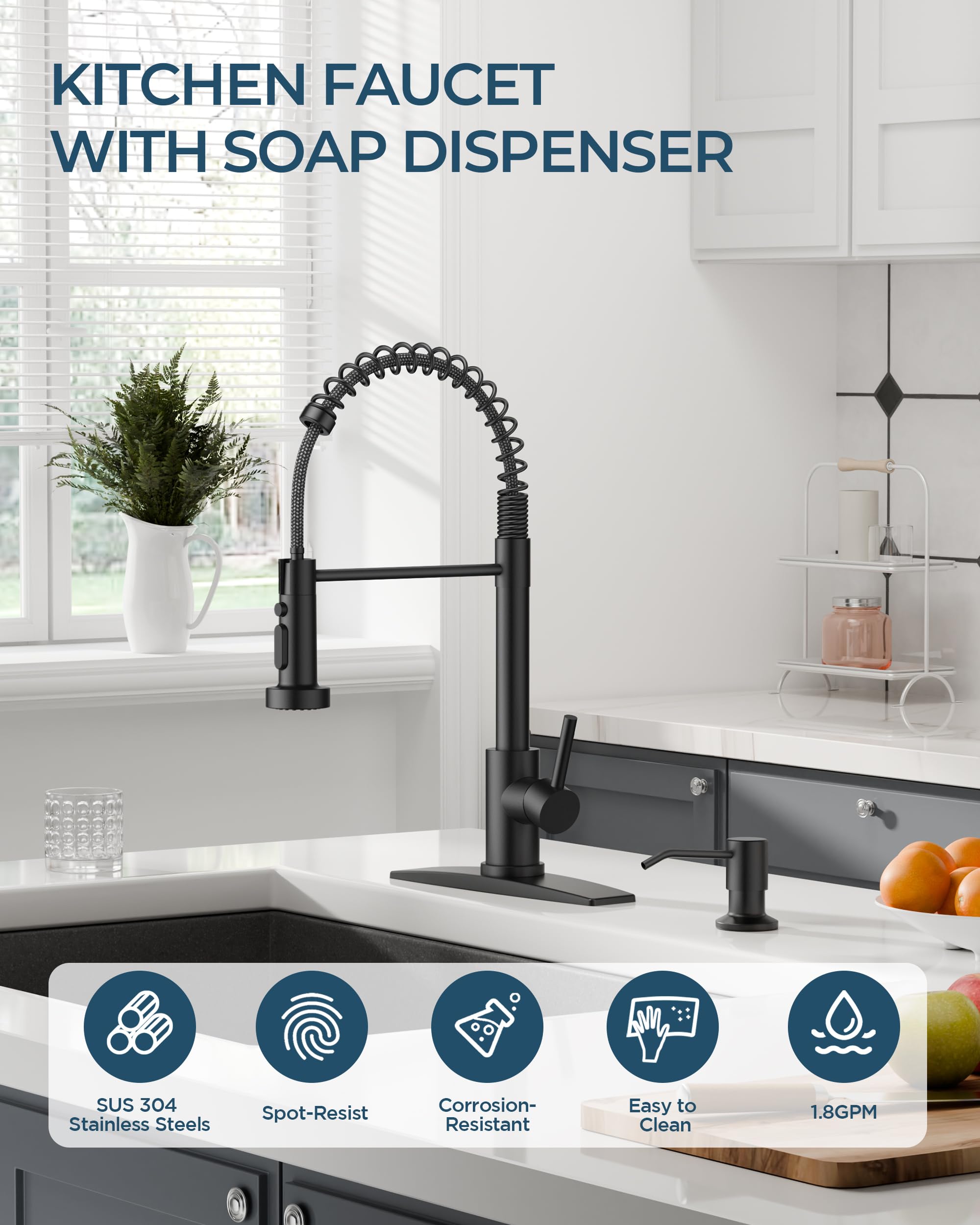 Forious Black Kitchen Faucet With Soap Dispenser, Stainless Steel Single Handle Spring Commercial Sink Faucet With Pull Down Sprayer For Rv Camp Bar Farmhouse
