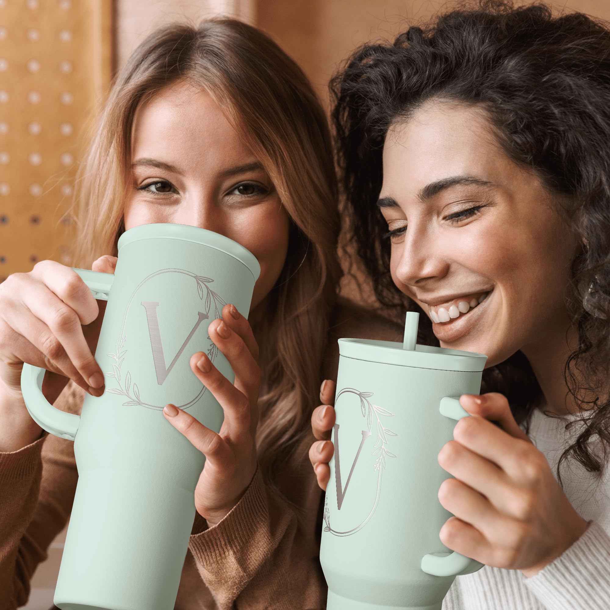 Personalized Monogrammed Tumbler With Handle 40Oz, Letter V Tumblers Insulated Coffee Travel Cup