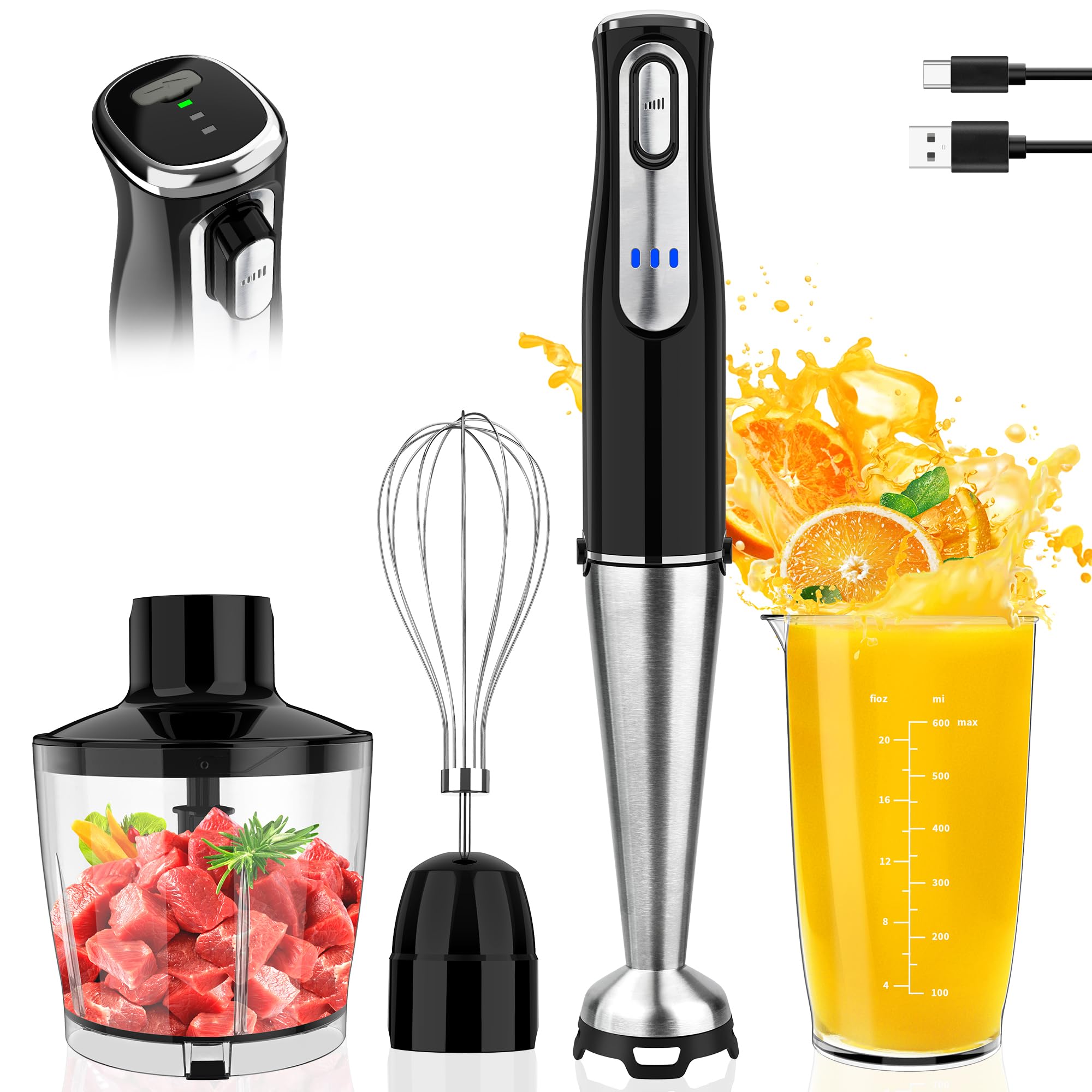 Binroc Cordless Immersion Blender Handheld, Rechargeable 4 In 1 Electric Hand Blender Stick Blender Variable Speed With Chopper, Beaker, Whisk, Stainless Steel Blade For Soup, Baby Food, Smoothies