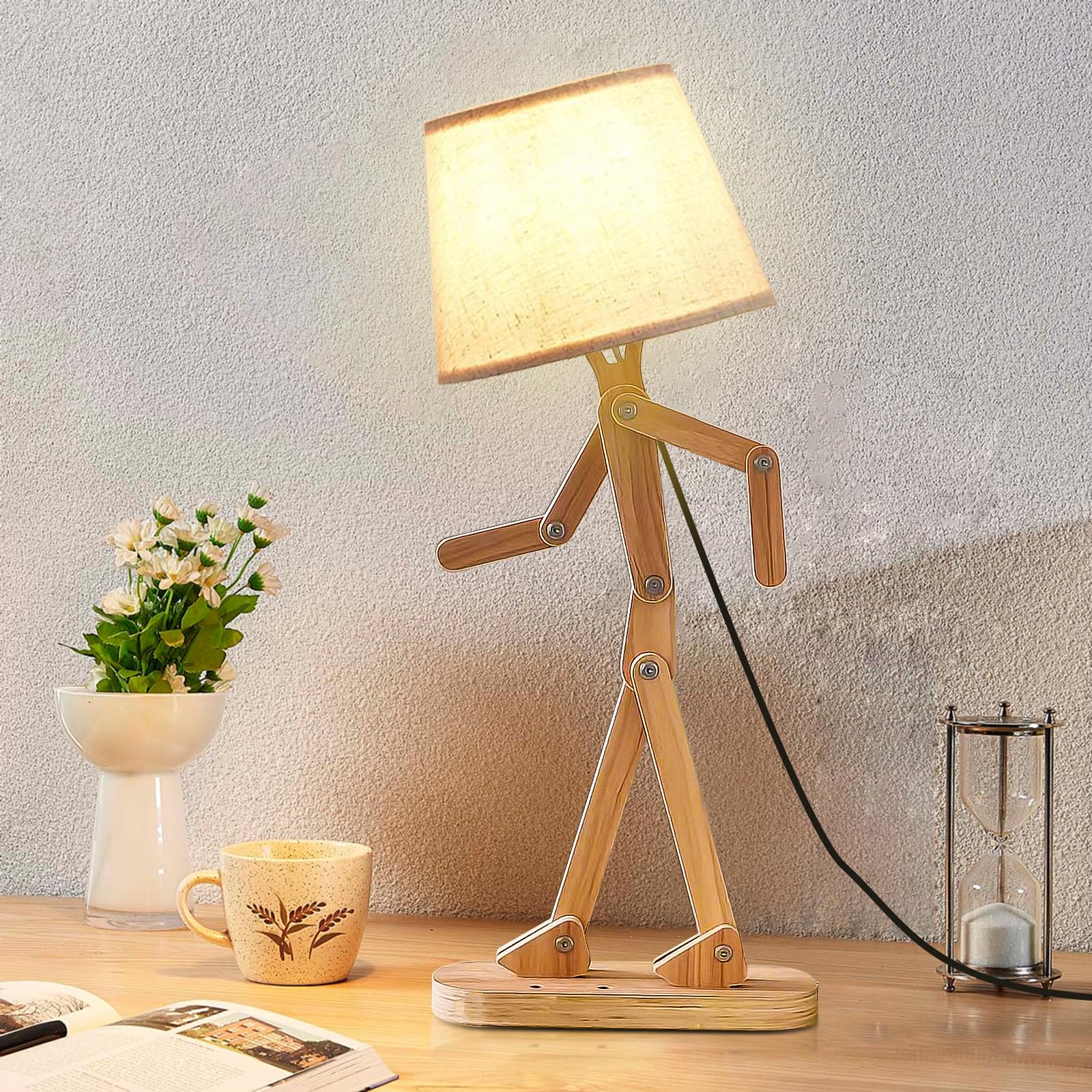 Yltlink Cute Desk Lamp,Person Lamp,Desk Light For Bedroom Livingroom Bedside Table Lamps,Wood Adjustable Arms And Legs,Home Offcie Decor,Dormitory,Kids'Room,Need E12 Bulb,Swing Arm,Nightstand,Small Floorlamp